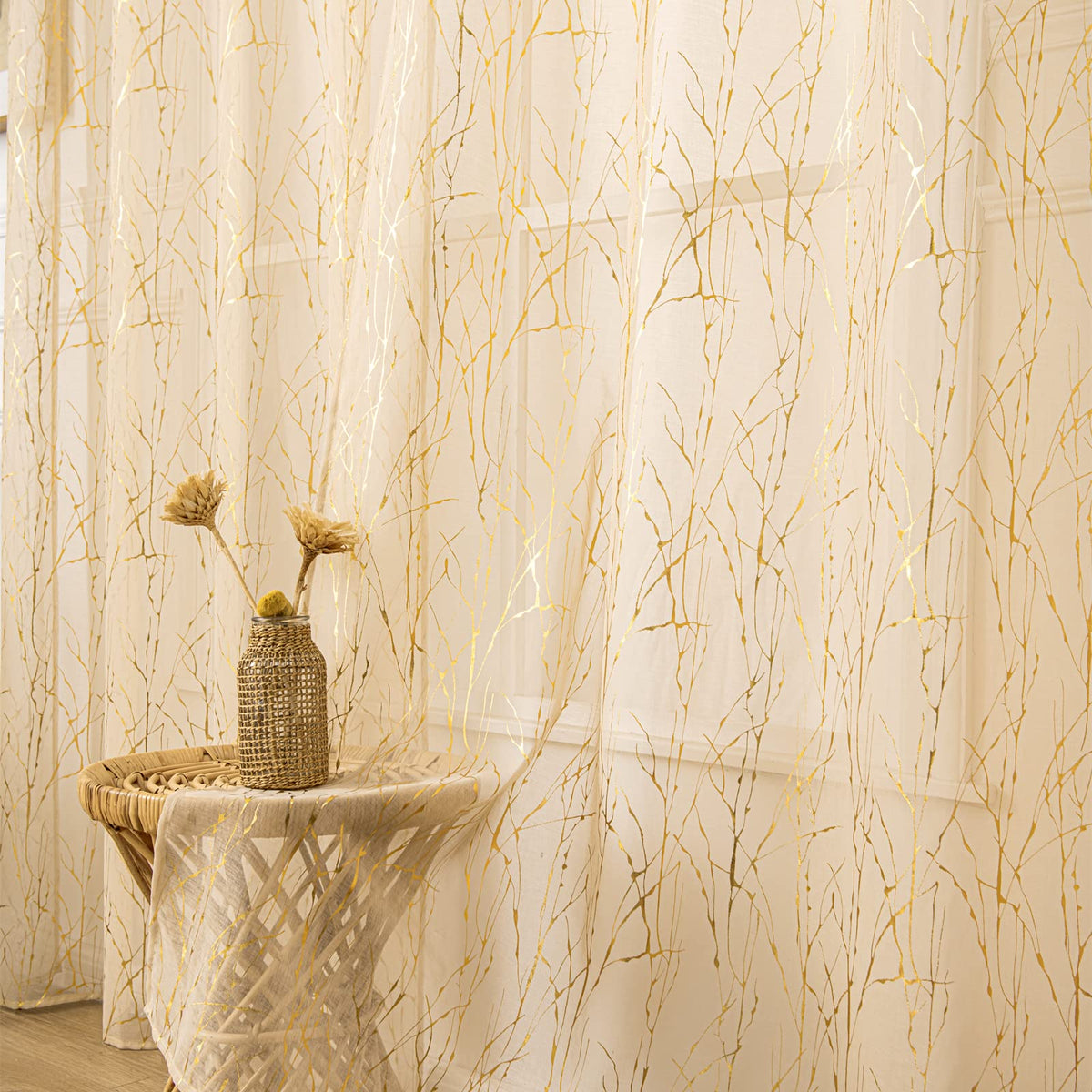 Deeprove Beige Sheer Curtains 84 Inchs Long 2 Panels Set, Tree Branch Gold Foil Print Metallic For Bedroom Abstract Christmas De
