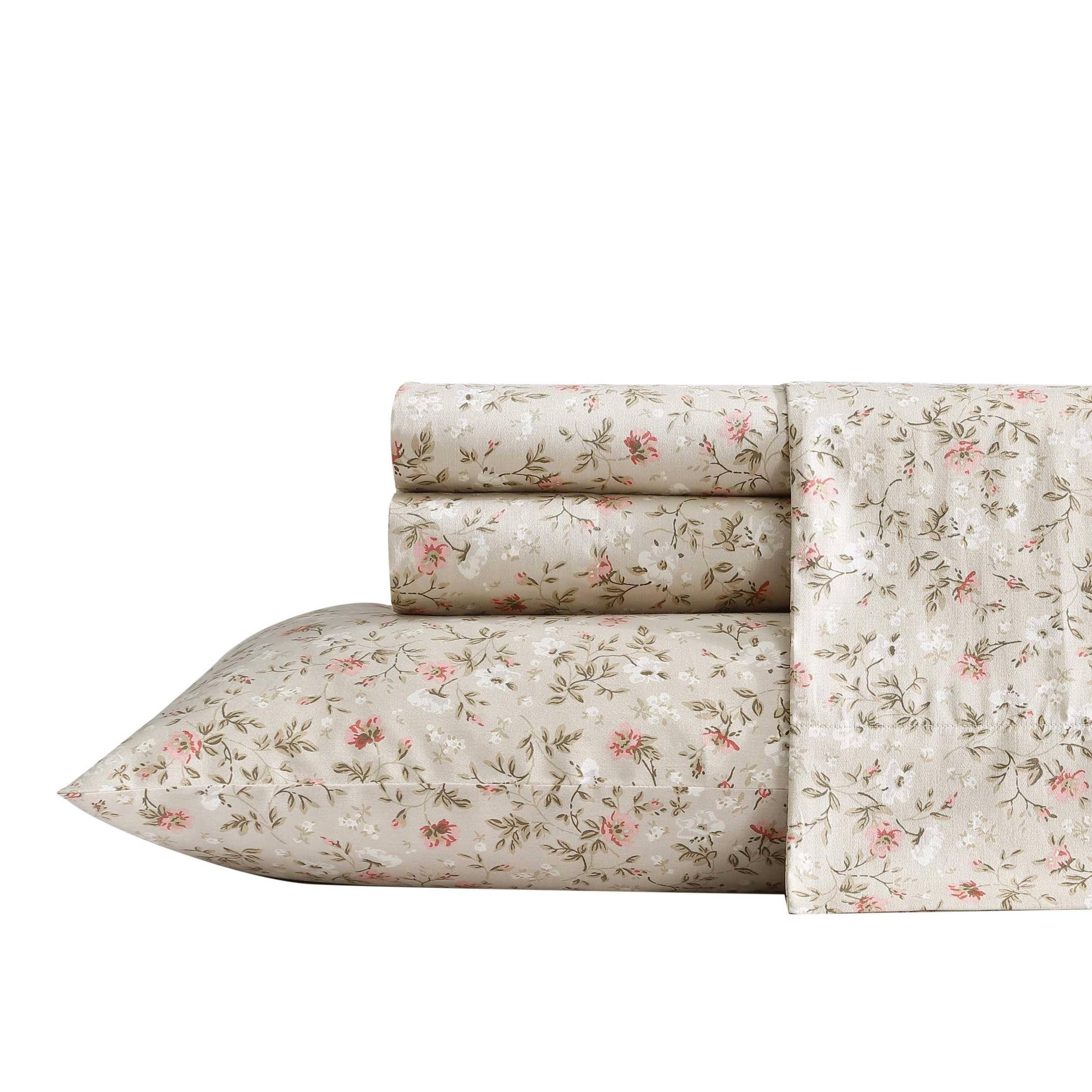 Laura Ashley - King Sheets, Soft Sateen Cotton Bedding Set, Sleek, Smooth, & Breathable Home Decor (Bonnie Beige, King)