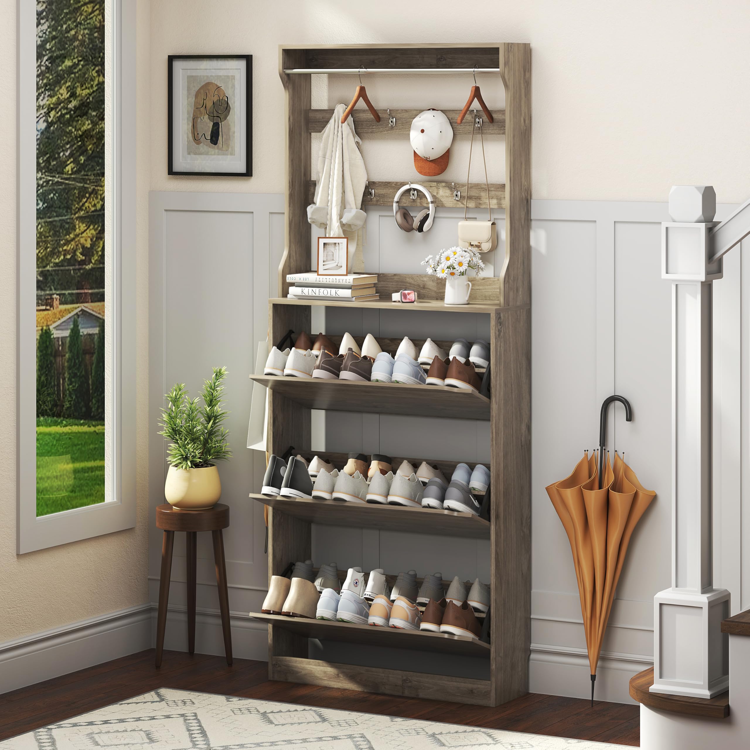 Shoe Cabinet for Entryway with 3 Flip Drawers, Grey Tall Wood Shoe Storage Cabinet with Coat Rack, Narrow Hidden Slim Freestandi