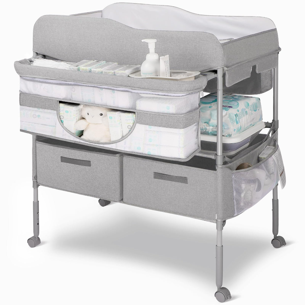 Portable Baby Changing Table, Foldable Changing Station With Nappy Mats, Baby Pots, Locking Wheels, Safety Belt & Large Storage,