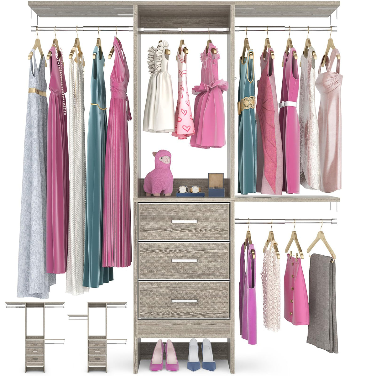 Besiost 4FT Small Closet System with 3 Fabric Drawers, 48 Closet Organizer System With 3 Adjustable Shelves, Flexible BuiltIn