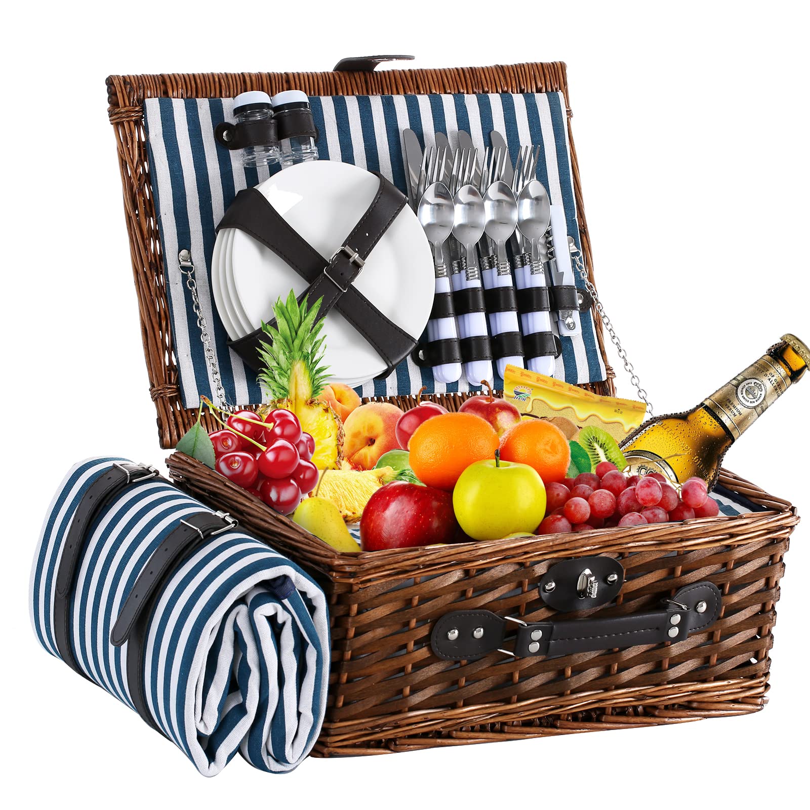 Hybdamai Wicker Picnic Basket Set For 4 With Waterproof Picnic Blanket And Insulated Cooler, Willow Hamper For Camping, Outdoors