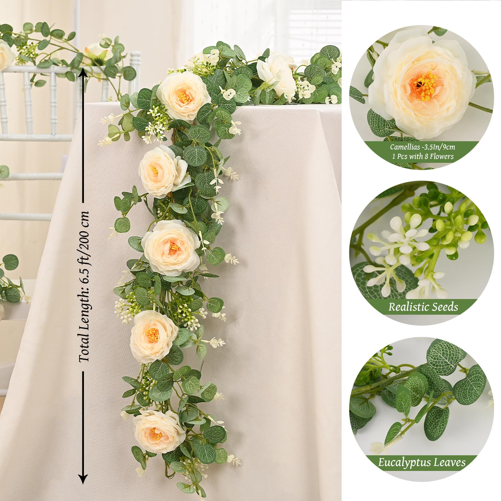 Dolicer 4Pcs 26Ft Artificial Eucalyptus Garlands With Flowers - 8 Camellias, Faux Floral Greenery Garlands Fake Flowers Vines Fo
