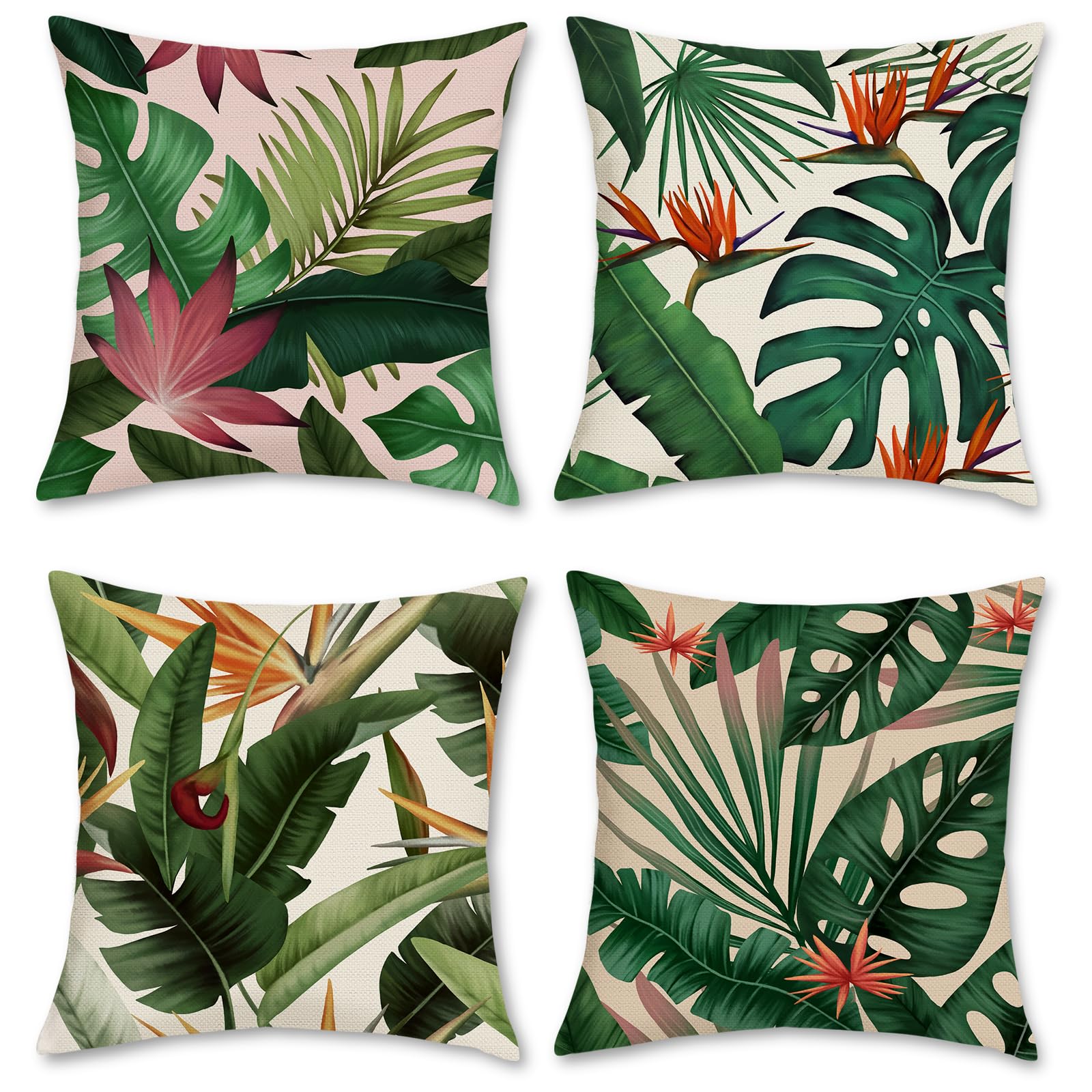 Bonhause Tropical Leaves Throw Pillow Covers 18X18 Set Of 4 Green Palm Leaf Monstera Botanical Pillows Case Polyester Linen Cush