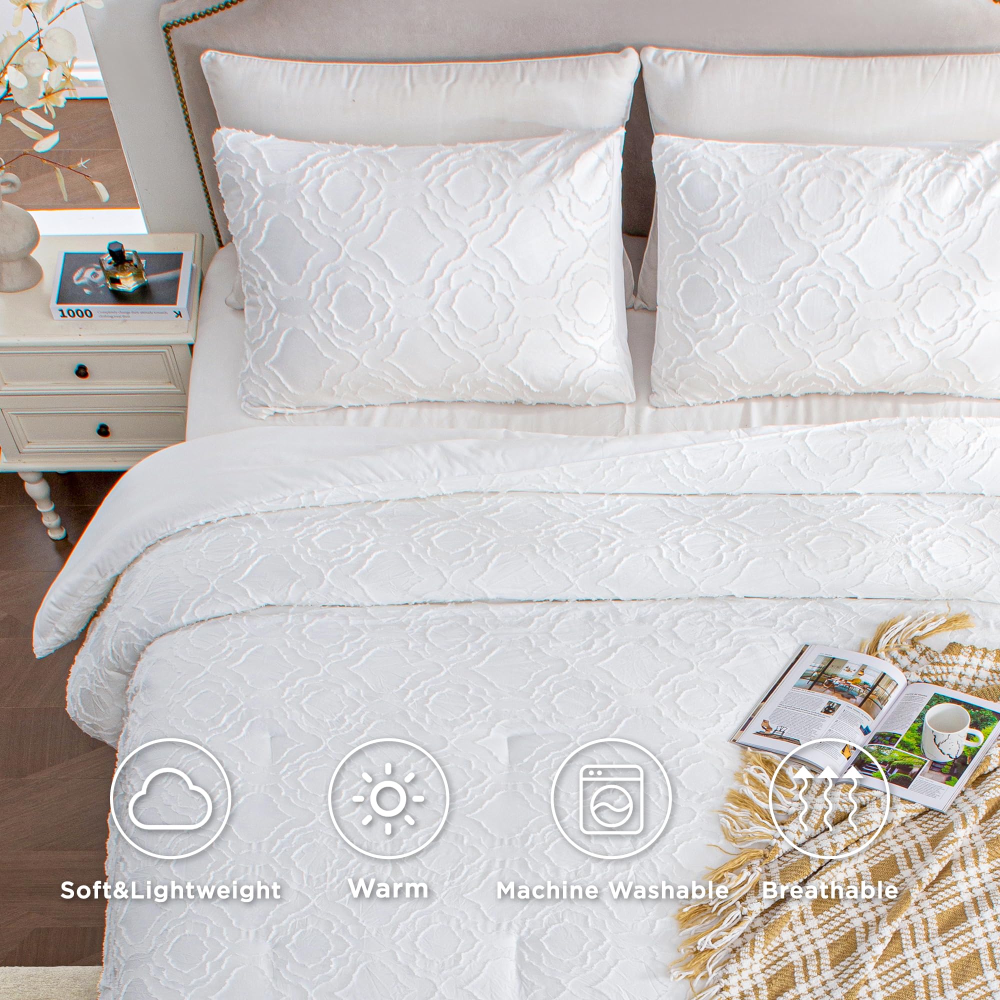 Andency White Floral Tufted Comforter Set Full(79X90Inch), 3 Pieces(1 Boho Comforter, 2 Pillowcases) Textured Farmhouse Comforter, Soft Microfiber Down Alternative Geometric Comforter Bedding Set