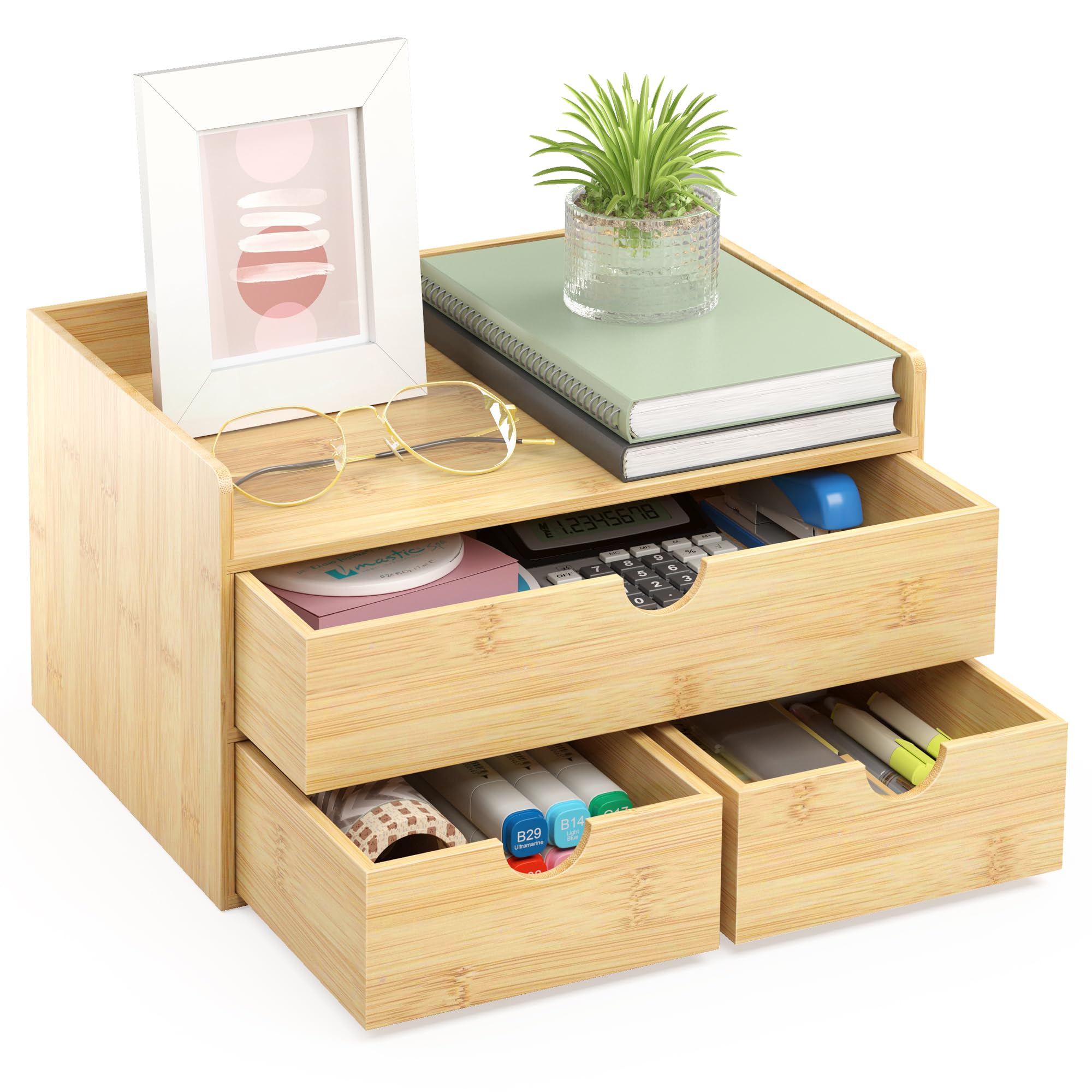 Wisuce Bamboo Desk Organizer - Mini Bamboo Desk Drawer Tabletop Cosmetic Storage Organization For Office Or Home (Nature 3 Drawe