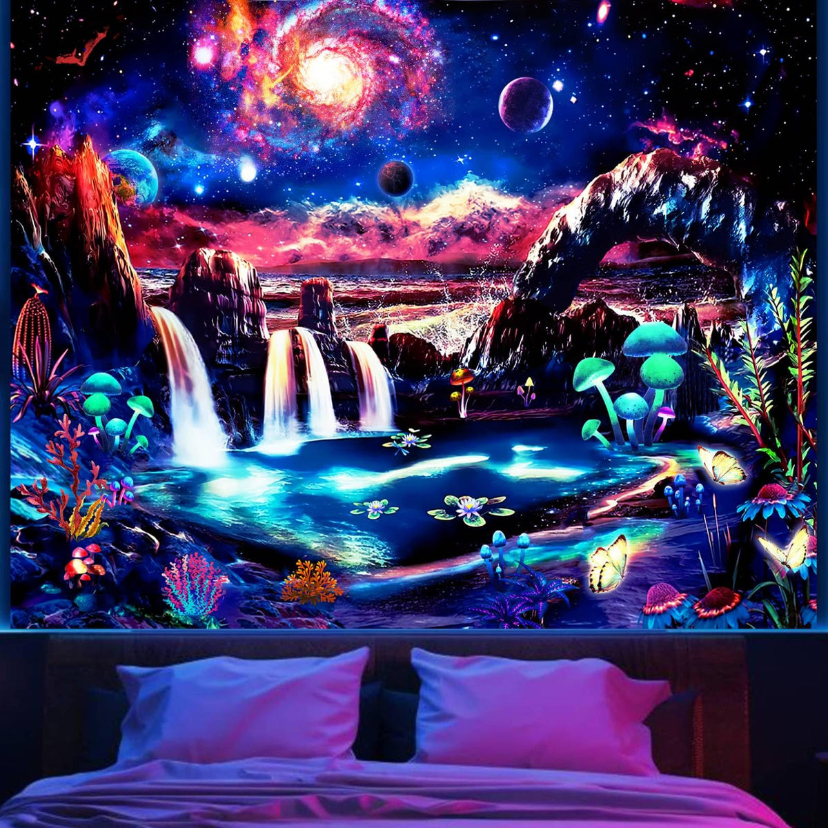 Apdidl Blacklight Galaxy Space Tapestry For Bedroom Aesthetic Mountain Mushroom Wall Tapestry Glow In The Dark Uv Reactive Tapes
