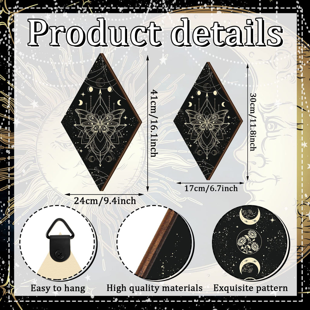 Ferraycle 3 Pcs Rustic Boho Wall Decor Moon Phases Butterfly Wall Art Stars Moon Decor Minimalist Room Decor Wooden Gothic Witch