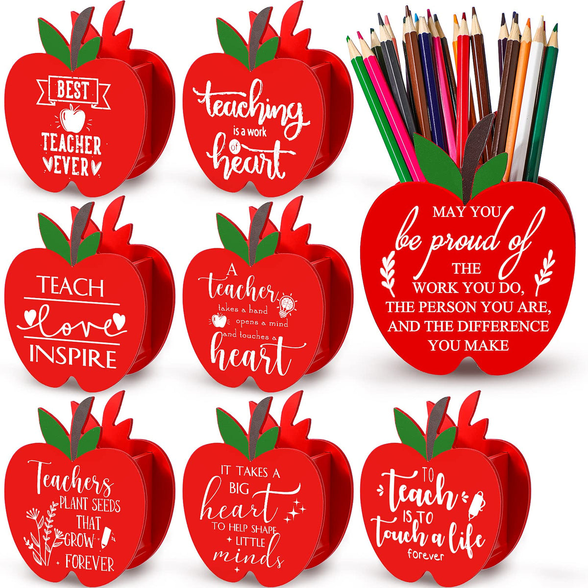 8 Pcs Shape Of Apple Wooden Pencil Holder Pencil Cup Marker Organizer Wood Appreciation Teacher Gifts Desktop Pen Organizer For