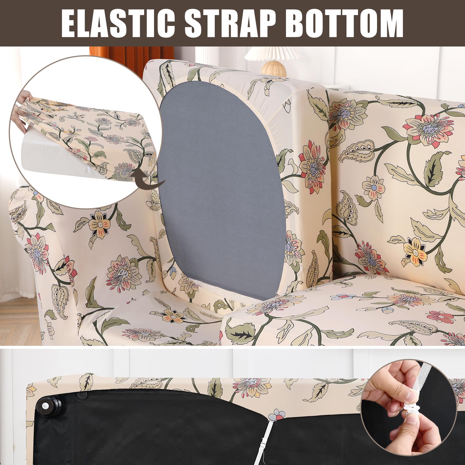 Searchi Stretch Sofa Cover Printed Couch Cover, Floral Pattern 4 Pieces Sofa Slipcover With 3 Separate Cushion Cover, Washable Furniture Protector For Living Room(Sofa, Yellow+Flower)