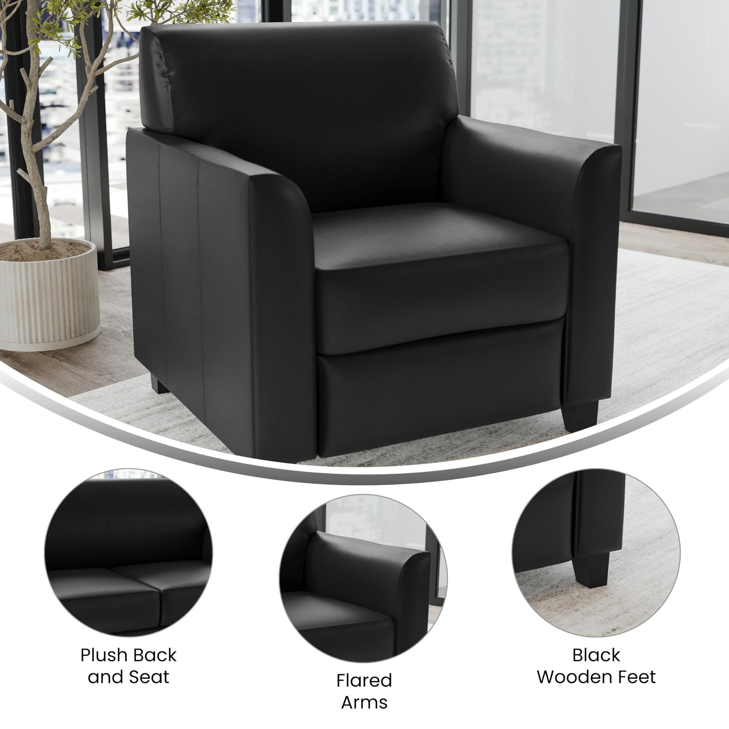 Flash Furniture Hercules Diplomat Series LeatherSoft Upholstered Side Reception Chair, Lobby Chair with Cushions and Flared Arms, Black