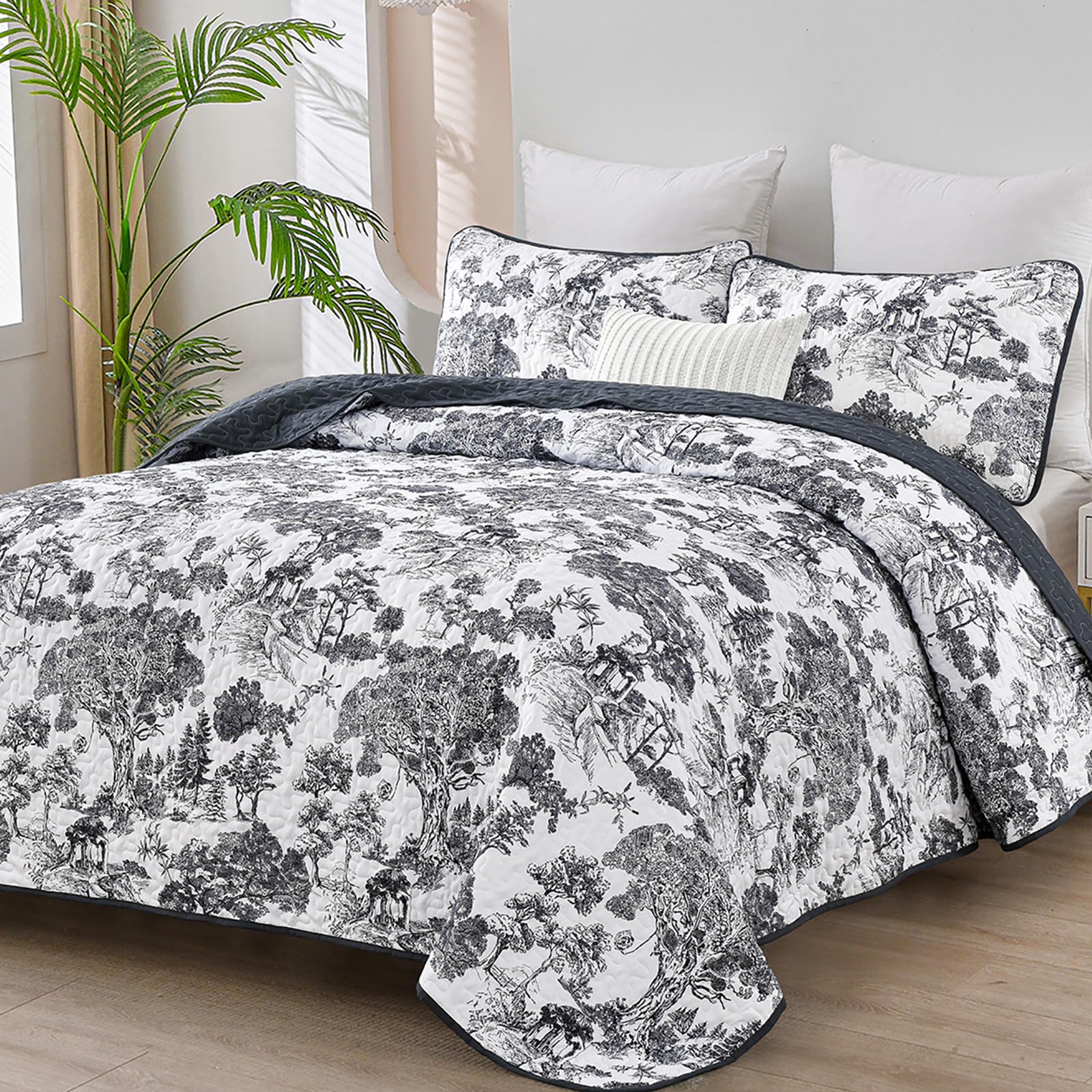 WONGS BEDDING Botanical Quilt Set King Size, Black 3 Pieces Floral Plants Printed Bedspread Bedding Set Soft Lightweight Microfi