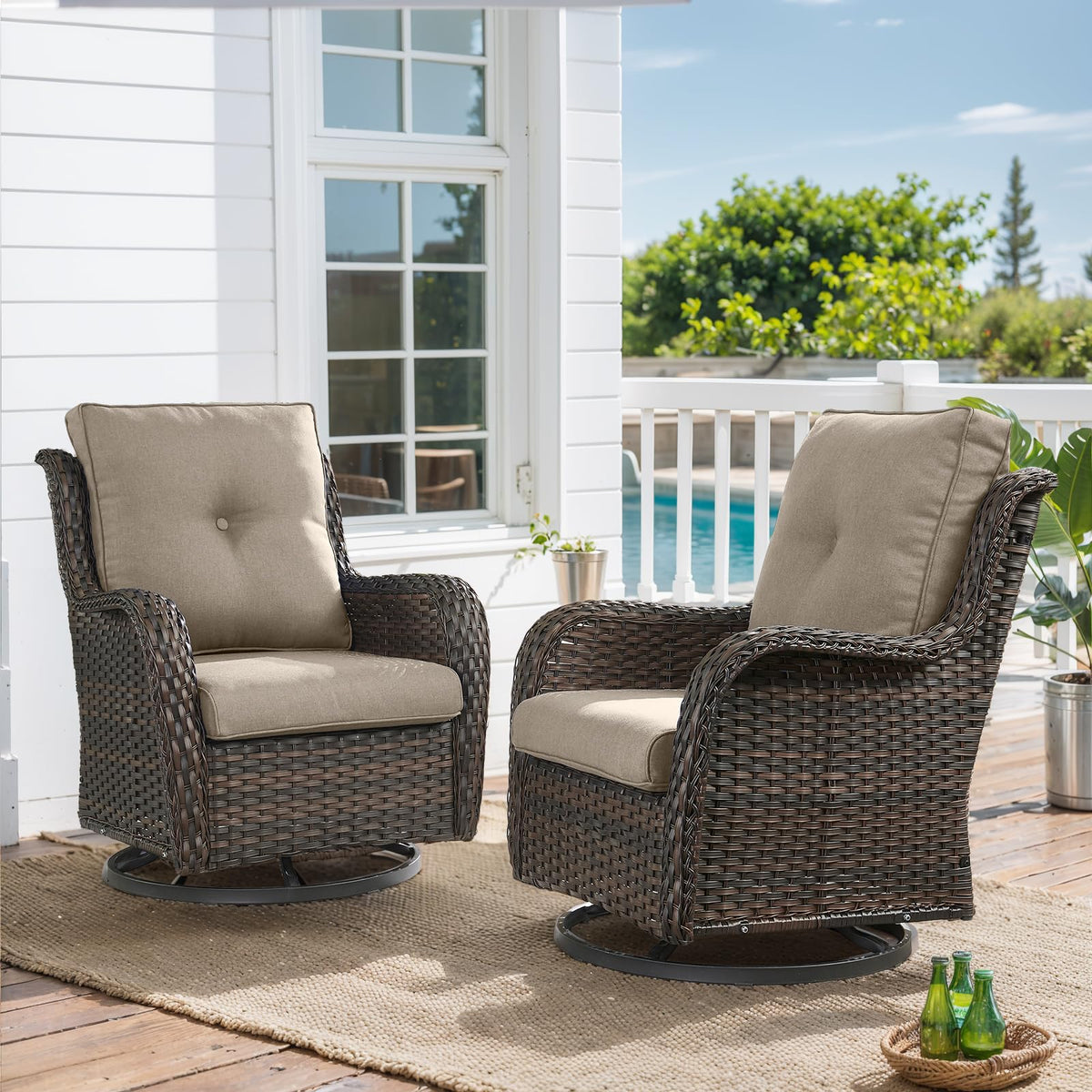 Hummuh Outdoor Swivel Rocker Wicker Patio Chairs Set Of 2, Rattan Rocking Chair Furniture Set(Brown,Grey)