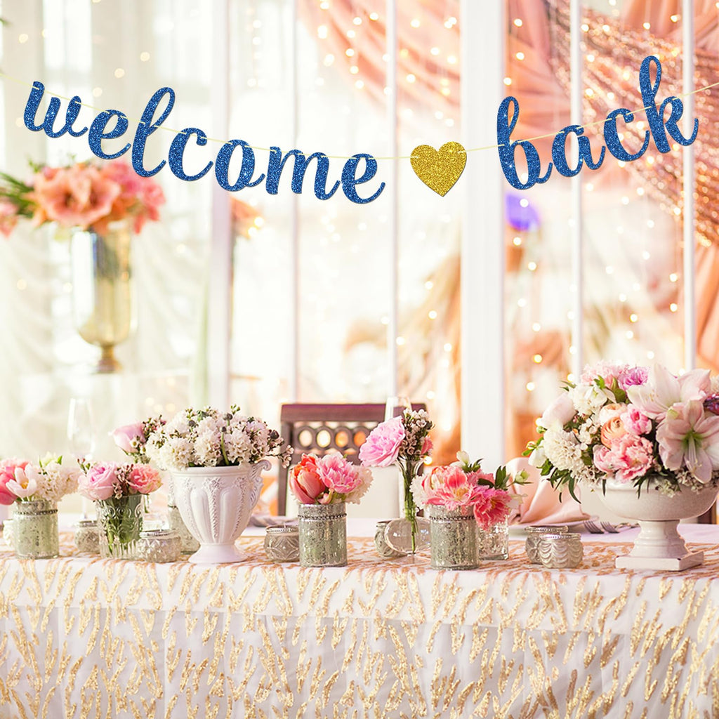 Maicaiffe Welcome Back Banner - Farewell Retirement Party Decor - Welcome Home - Back To School Party Decorations, Blue Glitter