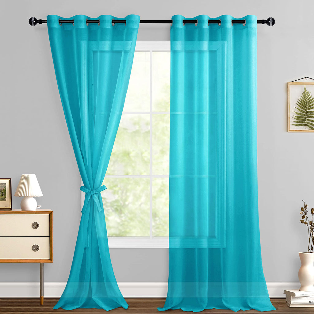 Hiasan Sheer Curtains For Living Room With Tieback, Airy Breathable Voile Textured Drapes Light Filtering Grommet Window Curtains For Bedroom, Kids' Room, Turquoise, W52 X L90, Set Of 2 Soft Panels