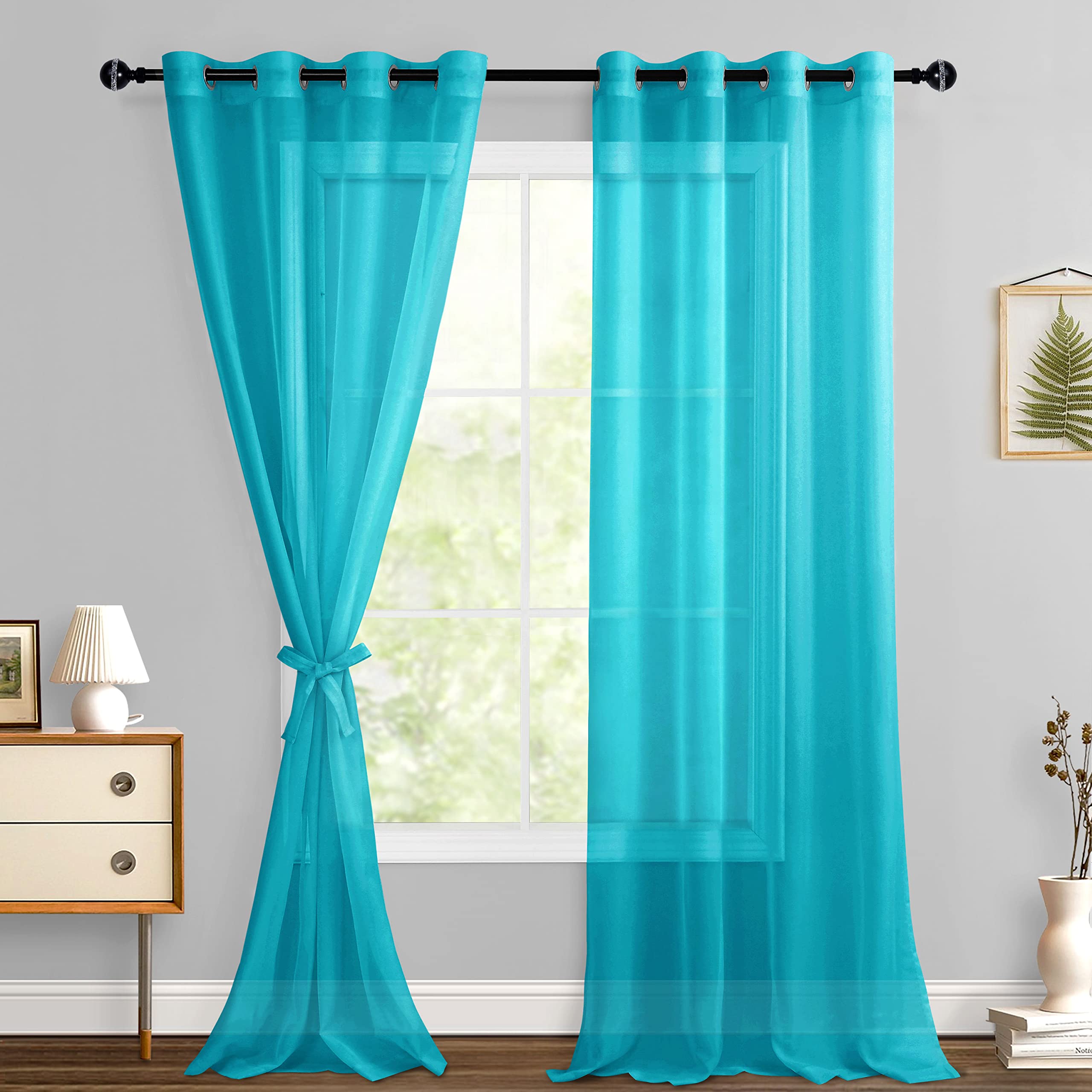 Hiasan Sheer Curtains For Living Room With Tieback, Airy Breathable Voile Textured Drapes Light Filtering Grommet Window Curtains For Bedroom, Kids' Room, Turquoise, W52 X L90, Set Of 2 Soft Panels