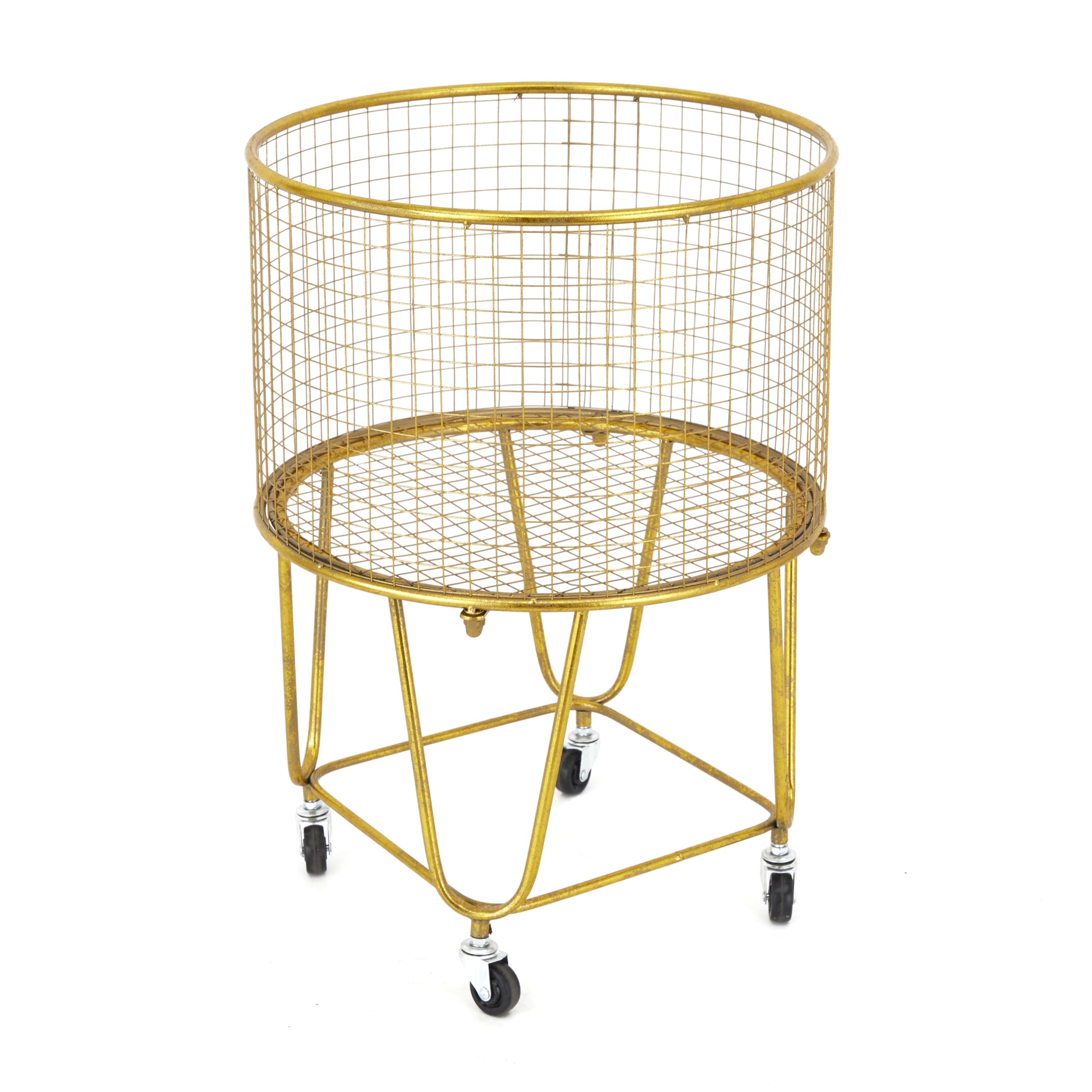 Deco 79 Metal Storage Cart Deep Set Metal Mesh Laundry Basket With Wheels, 16L X 16W X 24.95H, Gold