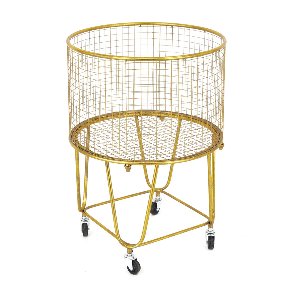 Deco 79 Metal Storage Cart Deep Set Metal Mesh Laundry Basket With Wheels, 16L X 16W X 24.95H, Gold
