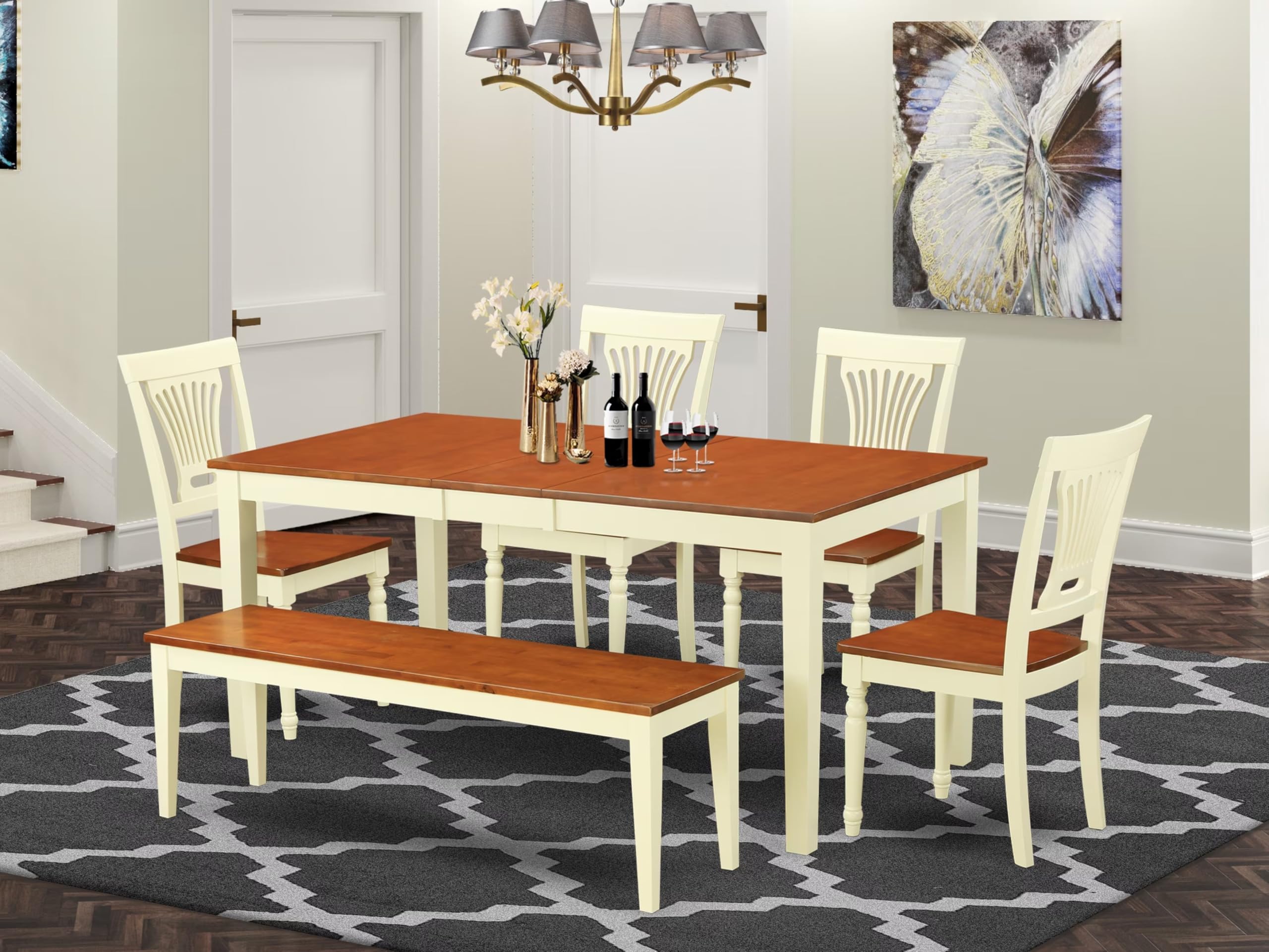 East West Furniture NIPL6-WHI-W 6 Piece Kitchen Table & Chairs Set Contains a Rectangle Dining Table with Butterfly Leaf and 4 Dining Room Chairs with a Bench, 36x66 Inch, Buttermilk & Cherry