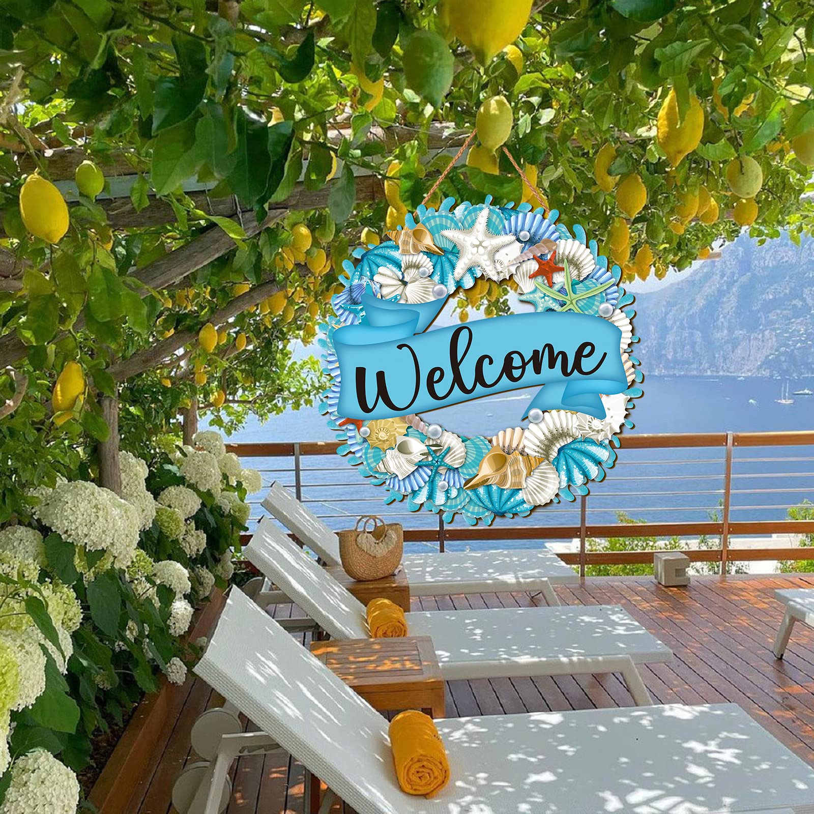 Hello Summer Wreath Sign Ocean Beach Wooden Hanging Wreath Decor Ornament Wood Farmhouse Beach Starfish Door Decor Beach Theme H