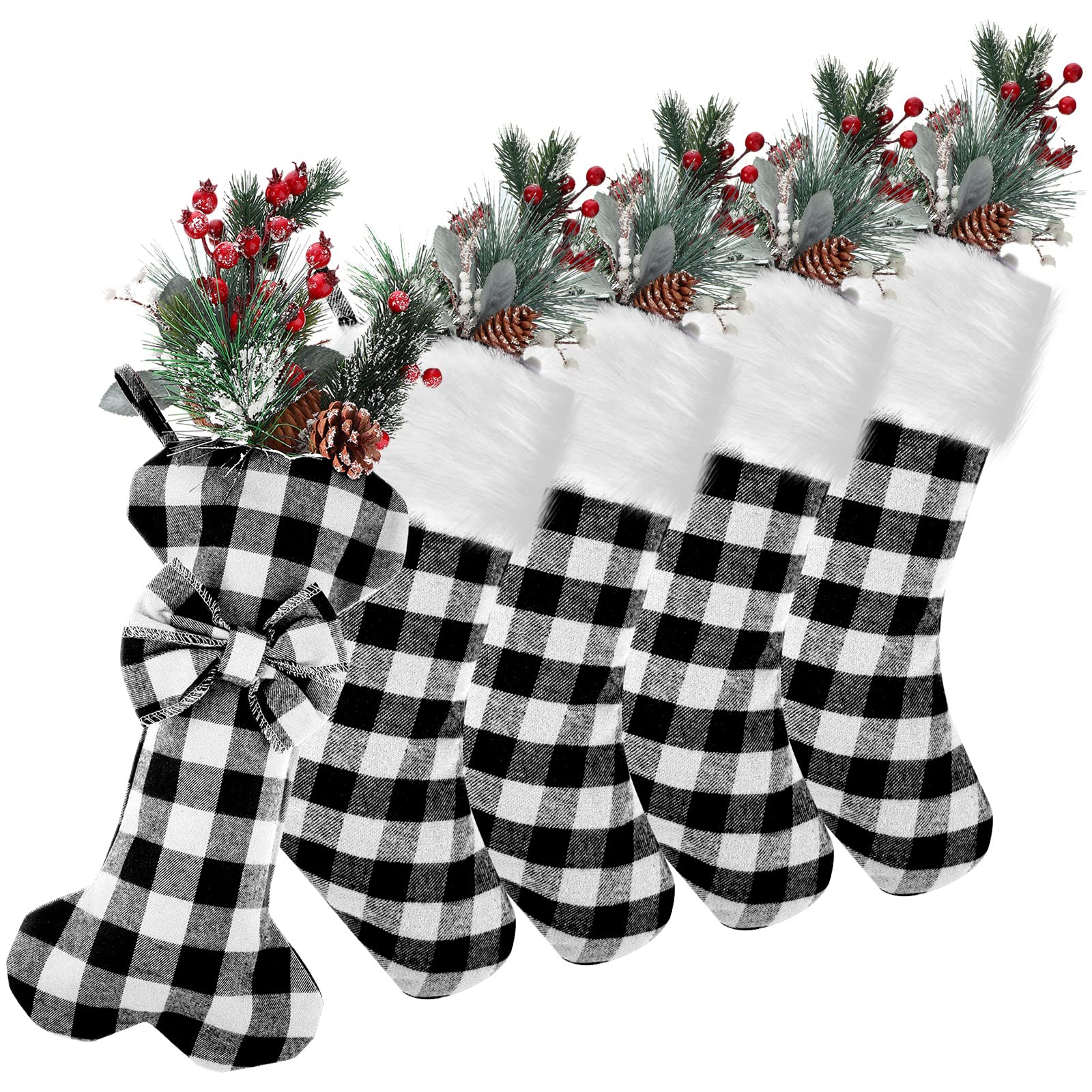 BBTO 5 Pcs Christmas Buffalo Plaid Stockings 18 Inch Large Dog Xmas Stocking Fireplace Hanging Stockings (White Black Buffalo Pl