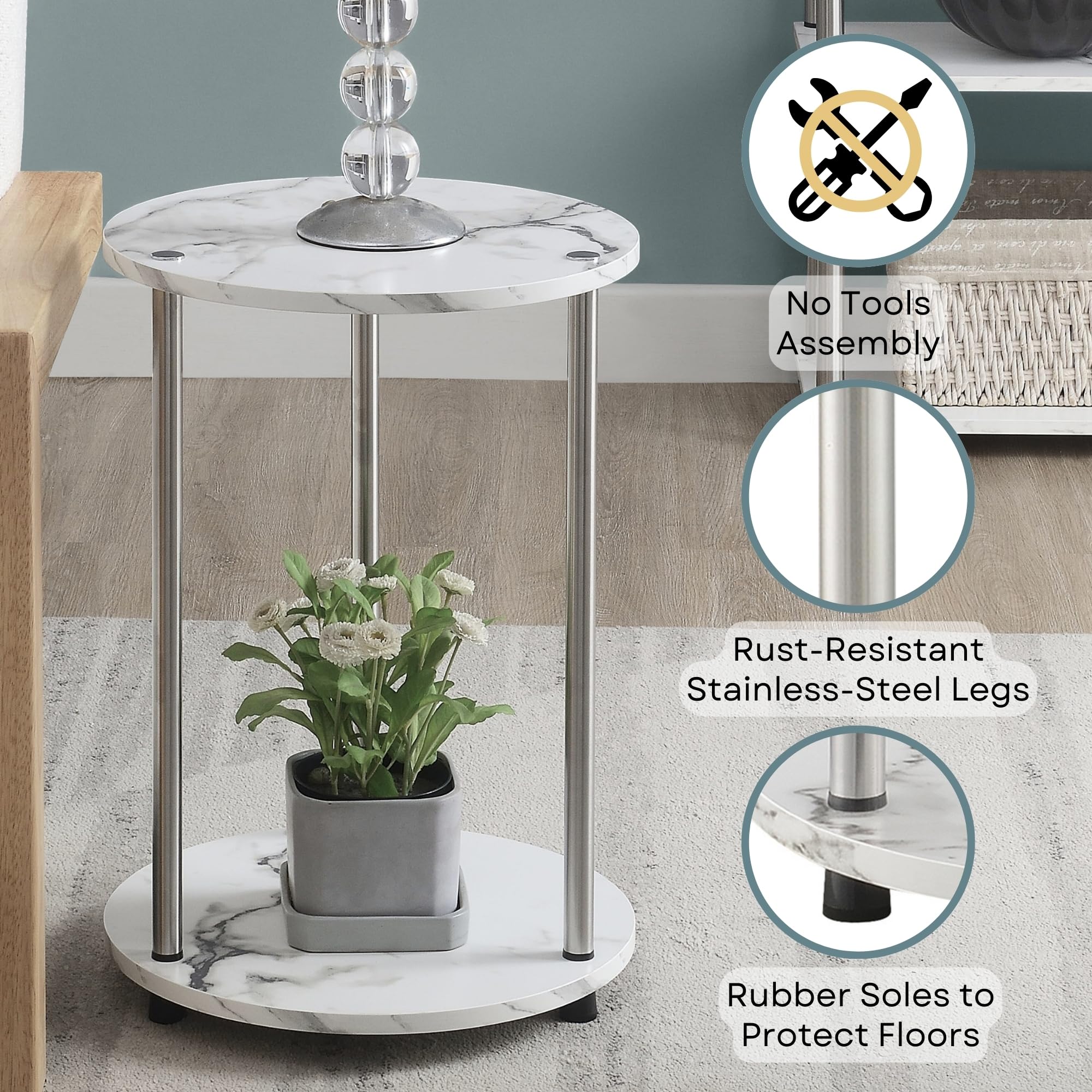 Convenience Concepts Designs2Go No Tools 2-Tier Round End Table, Faux White Marble/Chrome