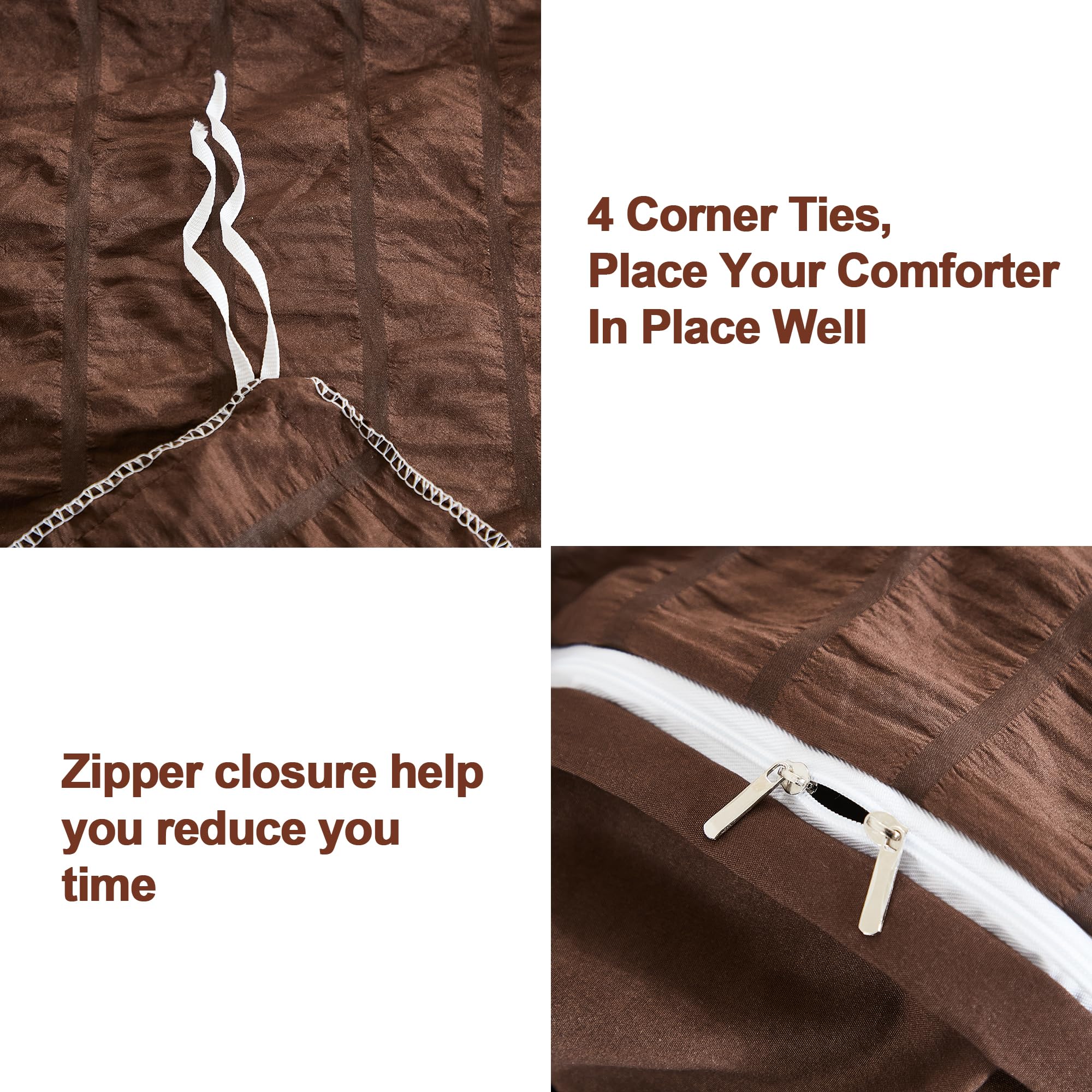 Avelom Brown Duvet Cover Full(80 X 90 Inches), 3 Pieces (1 Duvet Cover, 2 Pillow Cases),Seersucker Tripe Soft Washed Microfiber Textured Duvet Cover Set With Zipper Closure, Corner Ties