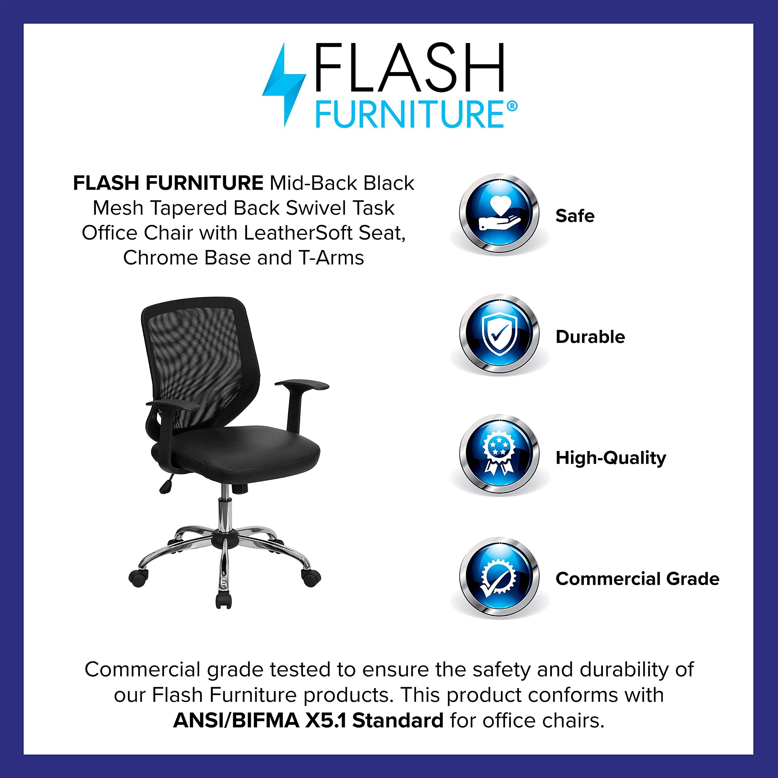 Flash Furniture Norris Mid-Back Black Mesh Tapered Back Swivel Task Office Chair with LeatherSoft Seat, Chrome Base and T-Arms