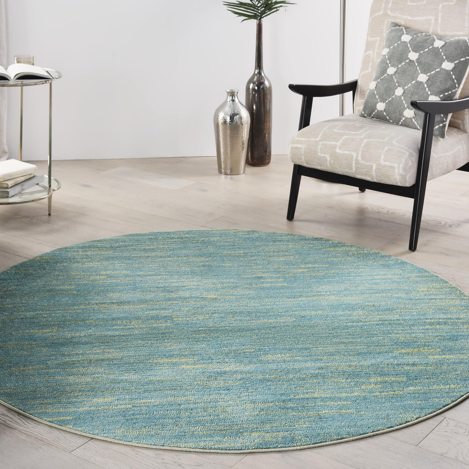 Nourison Essentials Indoor/Outdoor Blue Green 6' X Round Area -Rug, Easy -Cleaning, Non Shedding, Bed Room, Living Room, Dining Room, Backyard, Deck, Patio (6 Round)