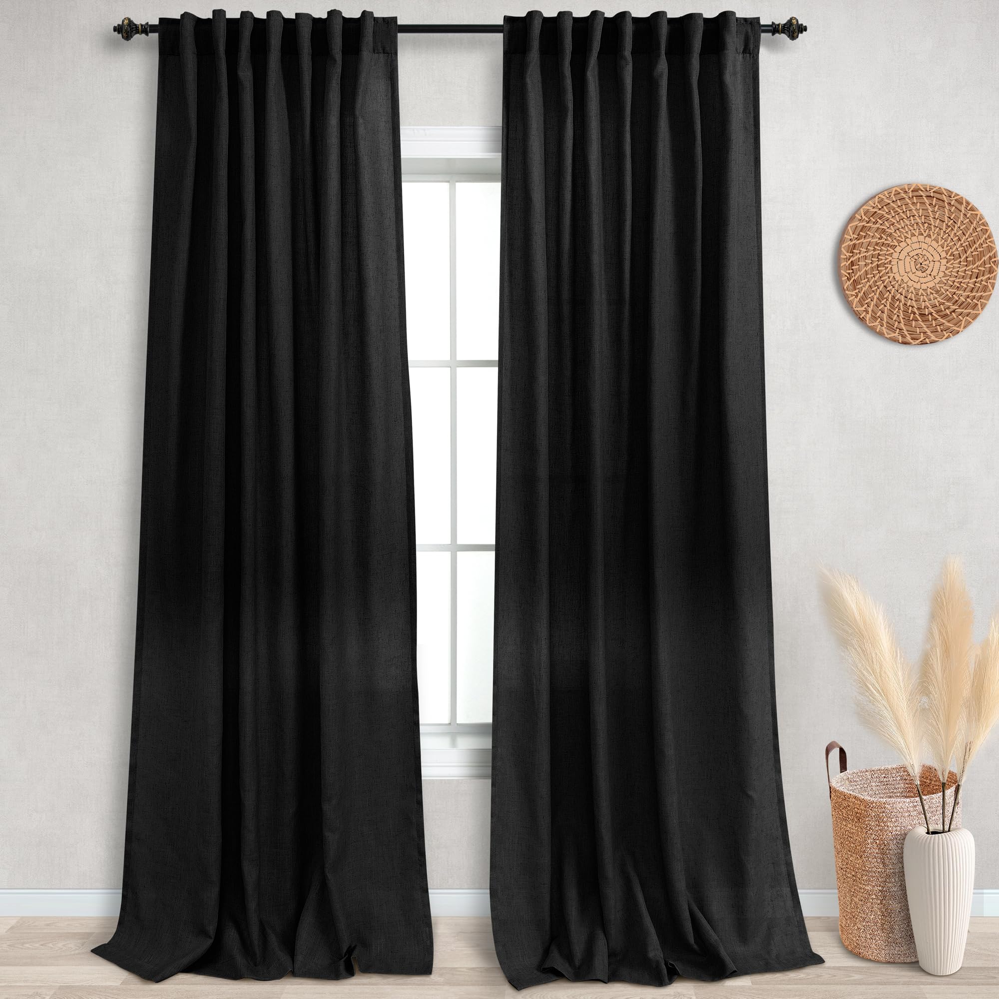 KOUFALL Black Sheer Curtains 108 Inches Long for Sliding Glass Door 2 Panels Set Rod Pocket Back Tab Drapes Linen Total Width 10