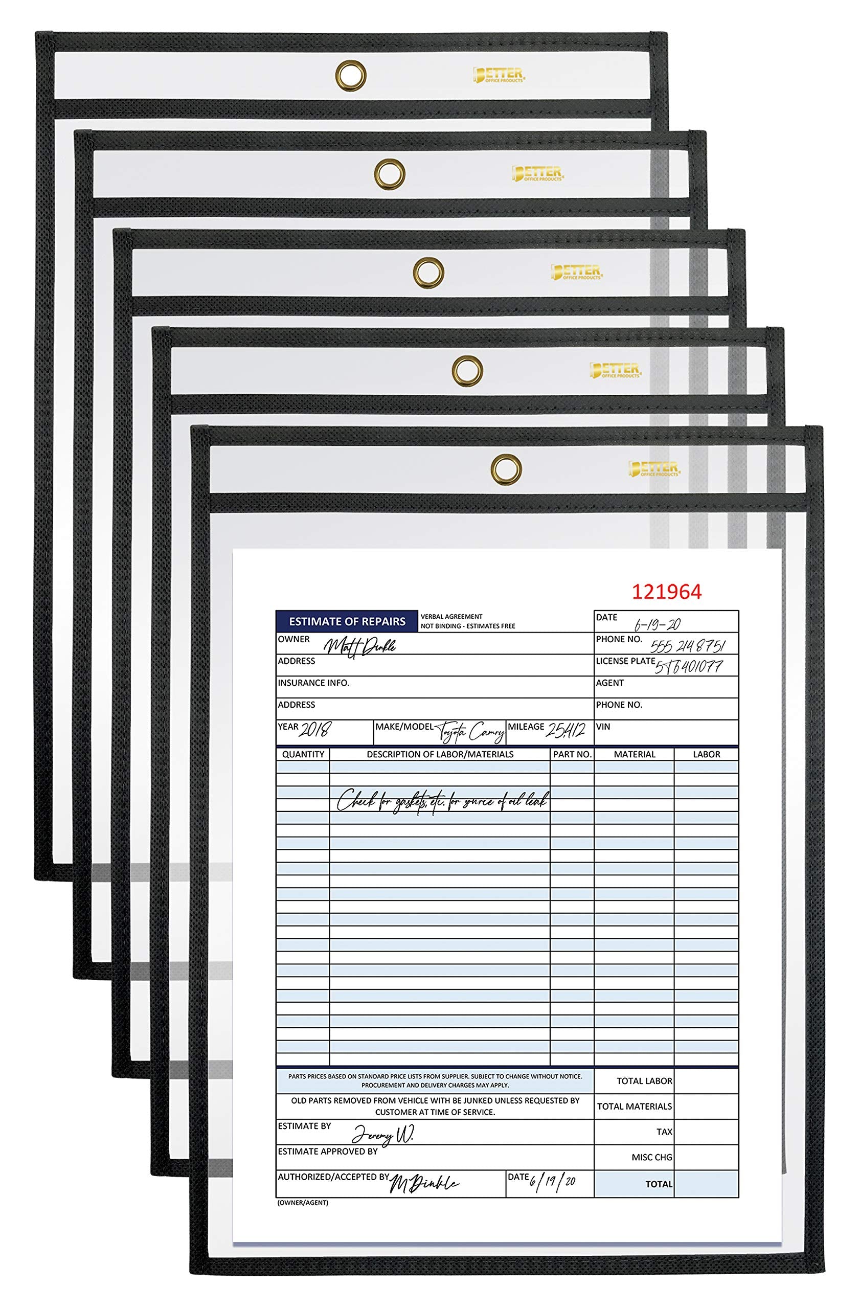 Better Office Products Shop Ticket Holders, 9 X 12 Inches, Both Sides Clear, Stitched Black Edge Trim, 25 Pack