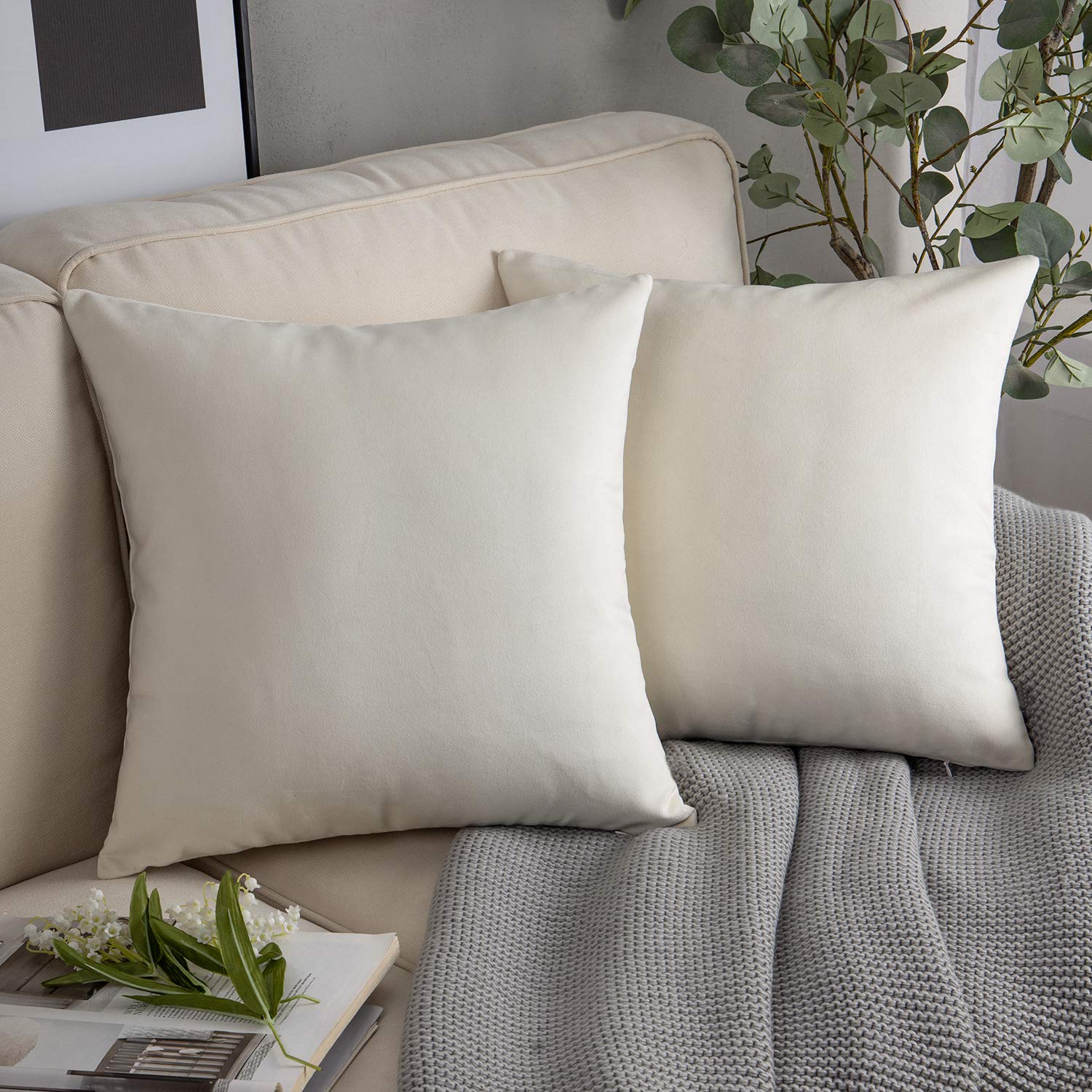 Phantoscope Pack Of 2 Velvet Decorative Throw Decorative Pillow Cover Soft Solid Square Cushion Case For Couch Off White 18 X 18