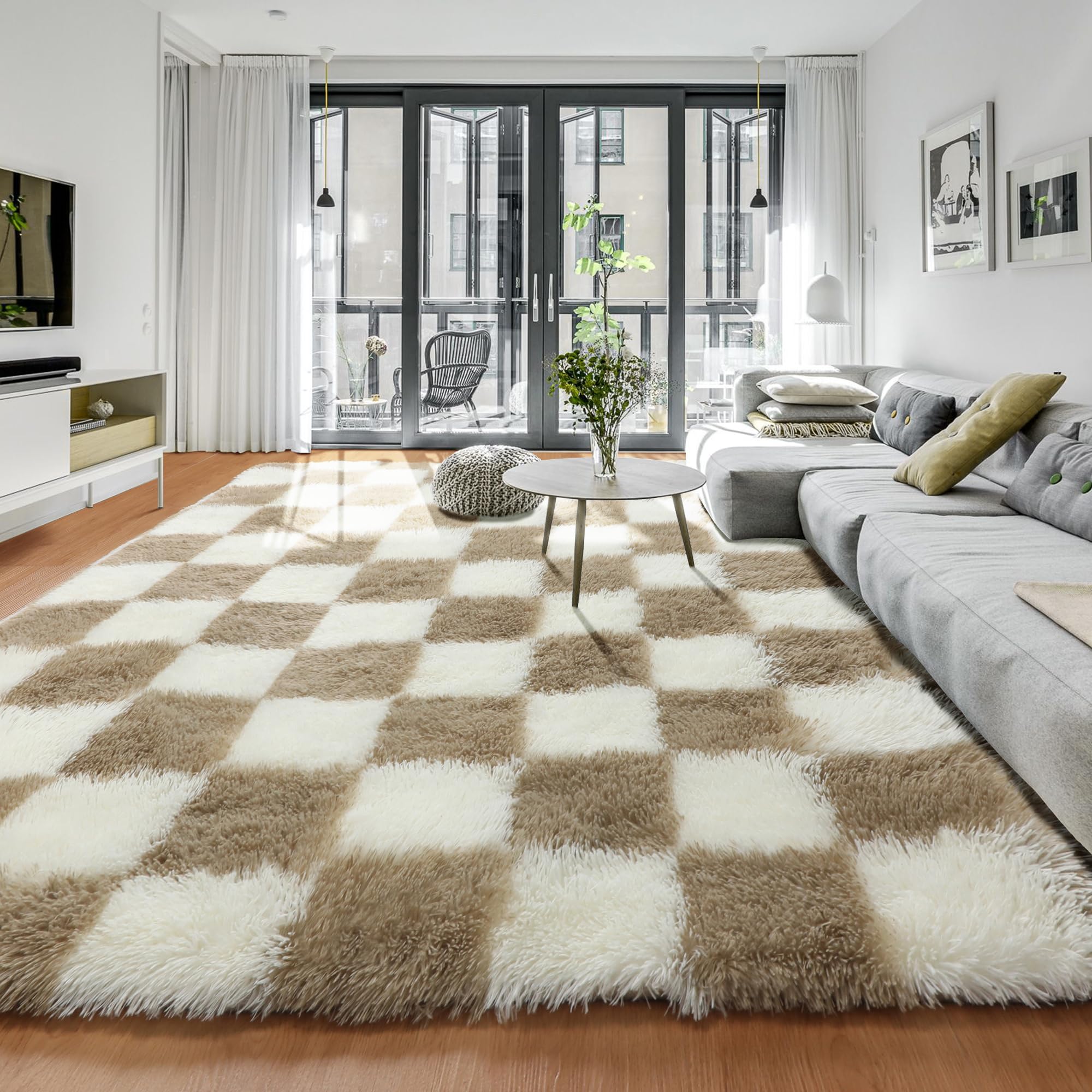 KICMOR 6x9 Rugs for Living Room Beige and Cream White, Large Big Fluffy Shag Fuzzy Checkered Area Rug Shaggy Carpets for Bedroom