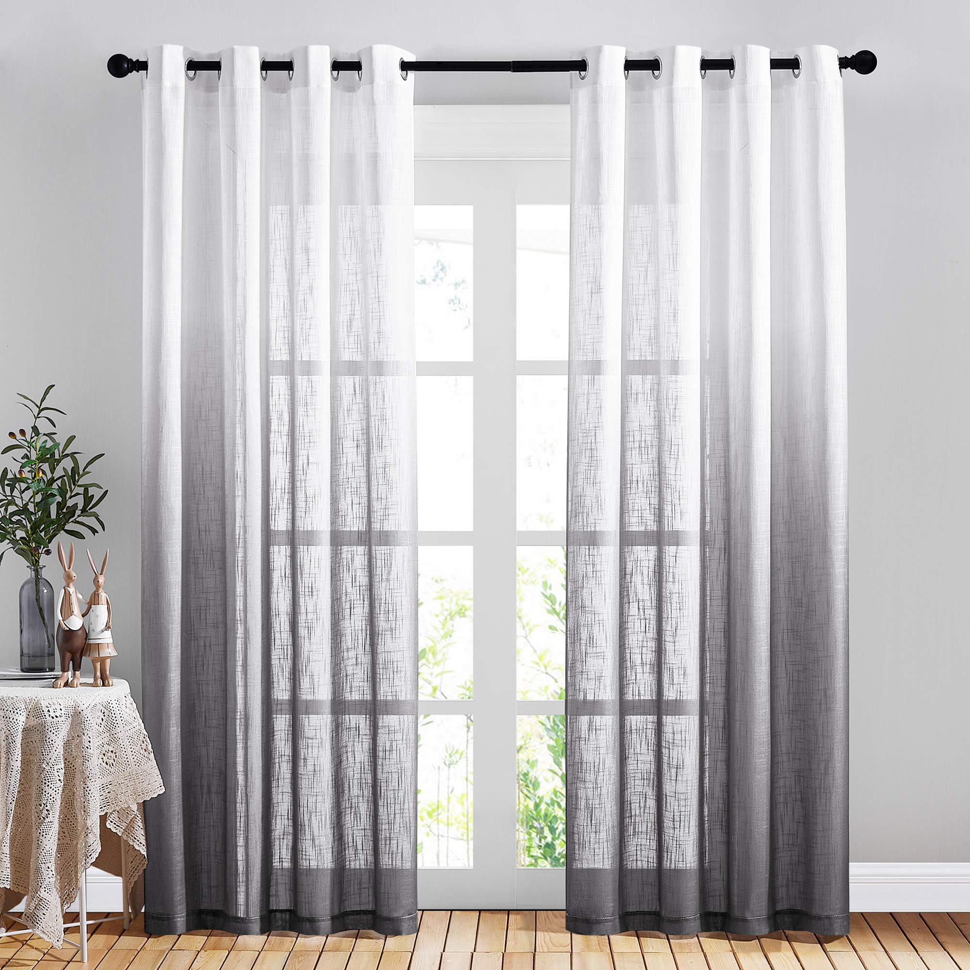 Nicetown Ombre Linen Sheer Curtains For Windows 84 Inches Length, Grommet Vertical Sheer Drapes Gradient Semi Sheer Linen Curtai