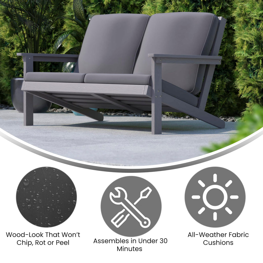Flash Furniture Charlestown Adirondack Style Deep Seat Patio Loveseat With Cushions - Gray Poly Resin Frame - Gray All-Weather Cushions - Indoor/Outdoor