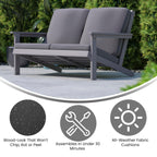 Flash Furniture Charlestown Adirondack Style Deep Seat Patio Loveseat With Cushions - Gray Poly Resin Frame - Gray All-Weather Cushions - Indoor/Outdoor