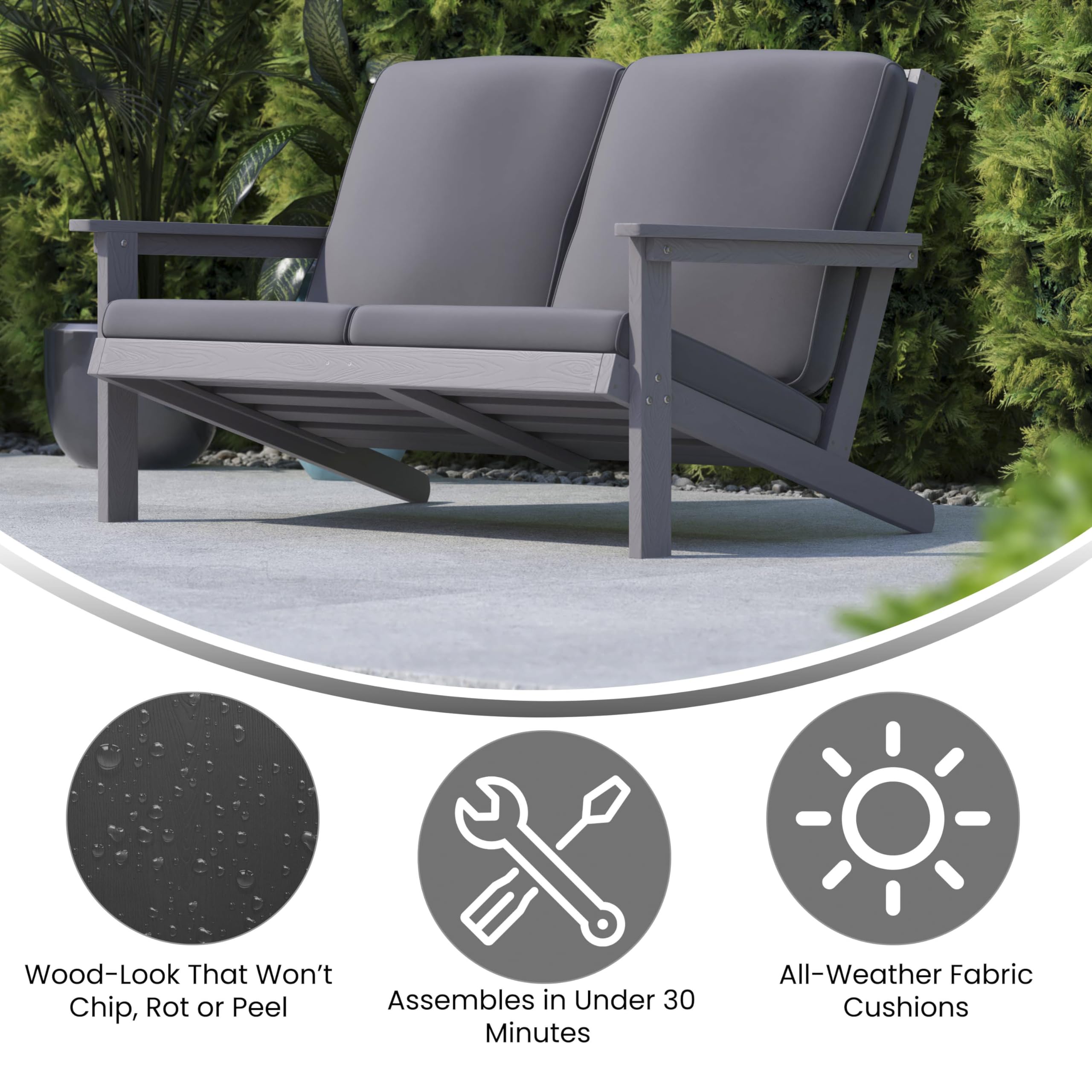 Flash Furniture Charlestown Adirondack Style Deep Seat Patio Loveseat With Cushions - Gray Poly Resin Frame - Gray All-Weather Cushions - Indoor/Outdoor