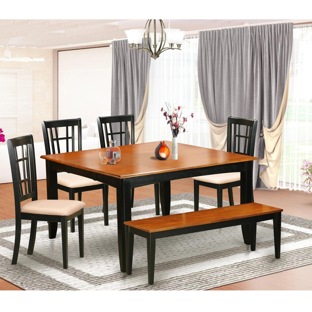 East West Furniture PFNI6-BCH-C 6 Piece Dining Room Furniture Set Contains a Square Kitchen Table with Butterfly Leaf and 4 Linen Fabric Dining Chairs with a Bench, 54x54 Inch, Black & Cherry