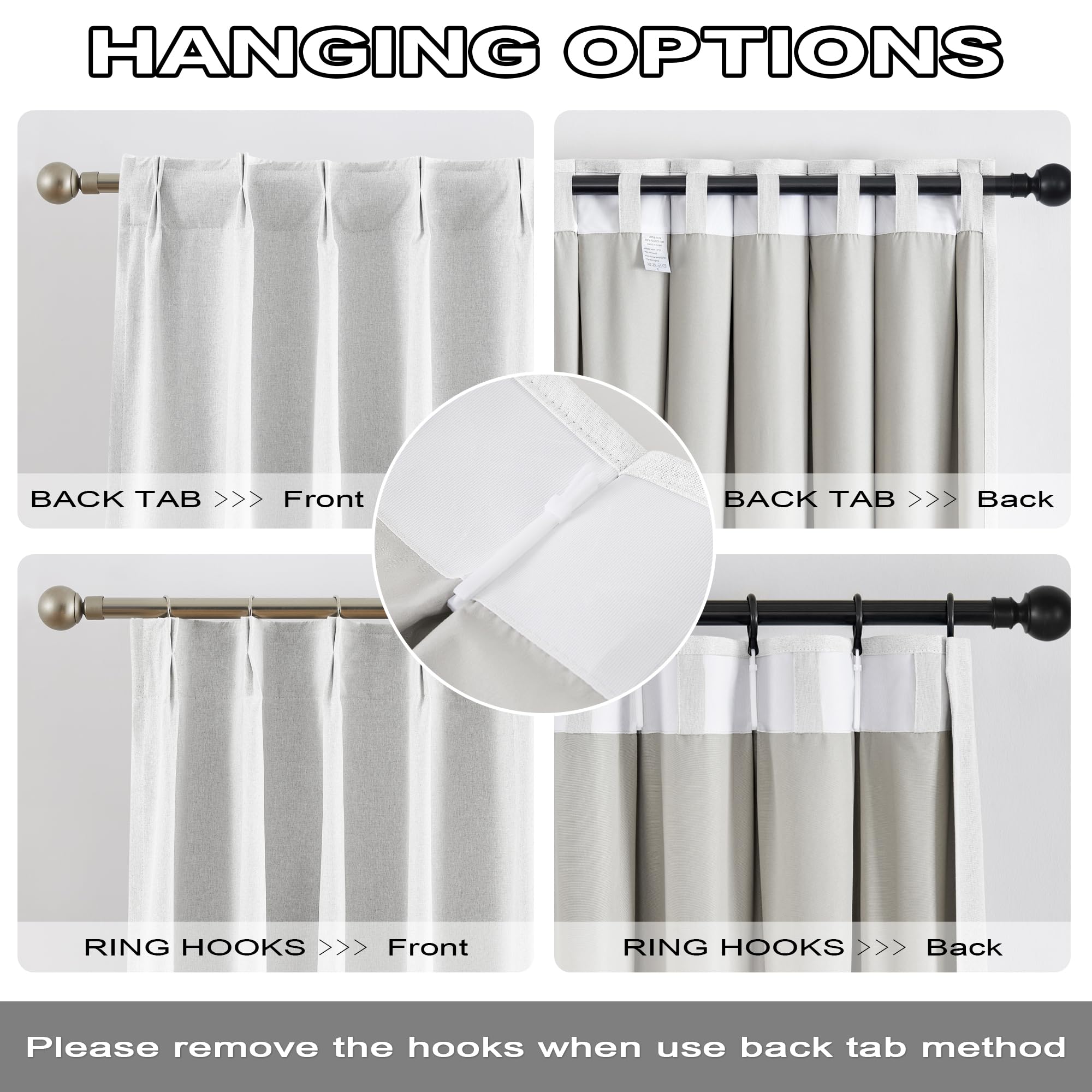 Greyish White Linen Blended Pinch Pleated Blackout Curtains & Drapes 95 Inch Long 2 Panel Sets, Accordion Style Track Room Darke
