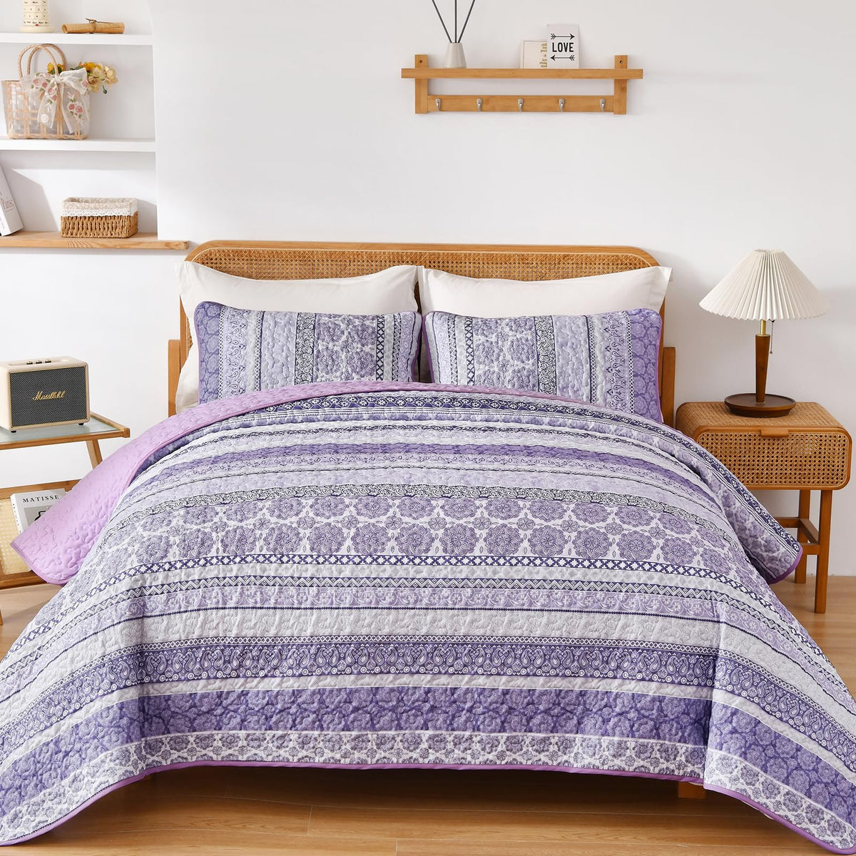 Wongs Bedding Boho Quilt Set Queen Size, Purple Bohemian 3 Pieces Quilt Sets, Lightweight Summer Bedspread Coverlet Bedding Set