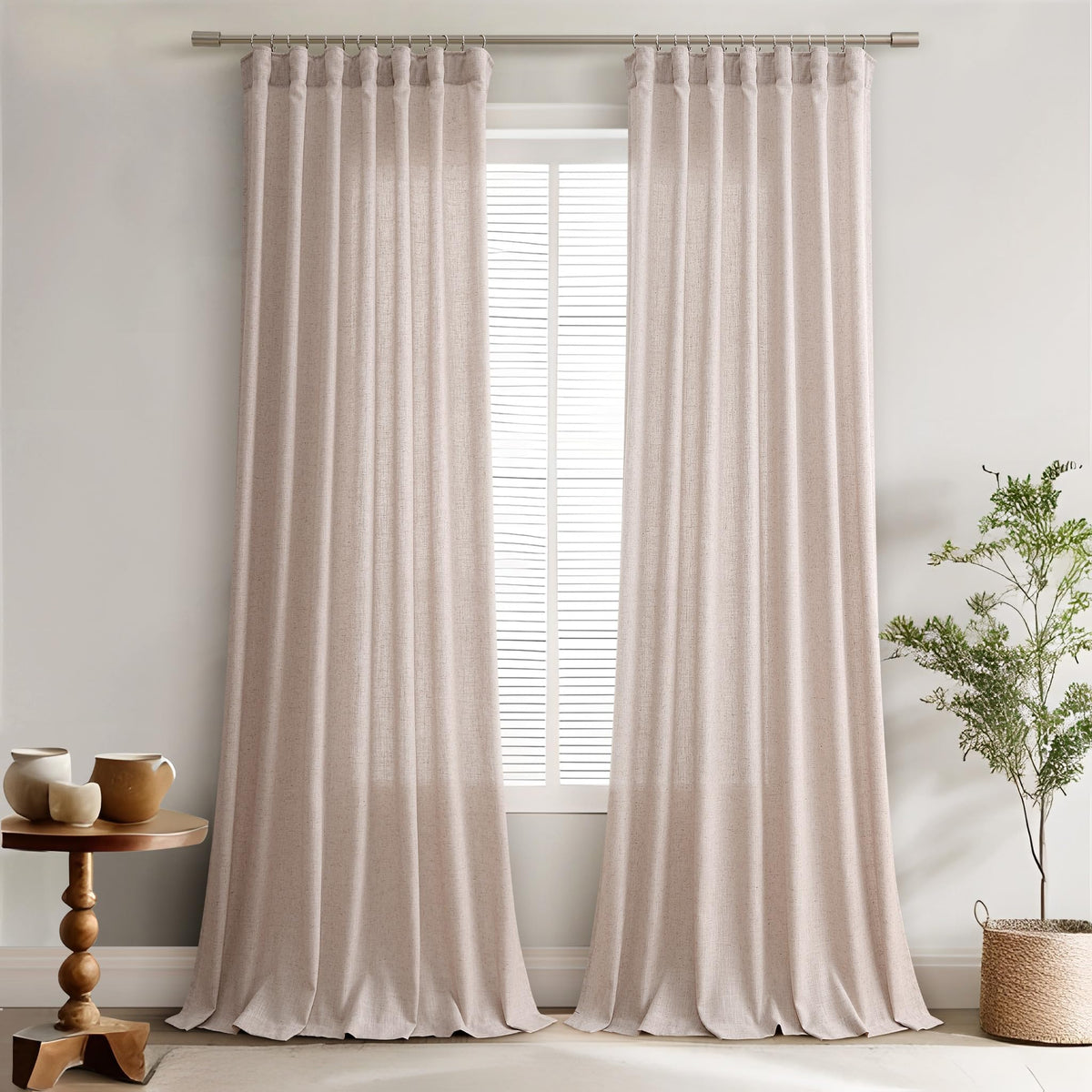 Joywell Oatmeal 108 Inch Length Linen Curtains 2 Panels Set Back Tab Farmhouse Curtains Muslin Drop Cloth Semi Sheer Linen Drapes For Bedroom Living Room 52X108