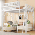 KEIKI Queen Size Metal Loft Bed Frame with Ladder and Built-in Storage Shelves, for Teens, Modern Style Loft Bed with Solid Slat