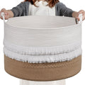 Cherrynow Large Wicker Laundry Basket For Entryway, Bedroom, Jute Decorative Basket For Clothes, Toys, Portable Towel Basket For Bathrooom, 22 X 14 Inches, 83L, White & Camel