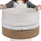 Cherrynow Large Wicker Laundry Basket For Entryway, Bedroom, Jute Decorative Basket For Clothes, Toys, Portable Towel Basket For Bathrooom, 22 X 14 Inches, 83L, White & Camel