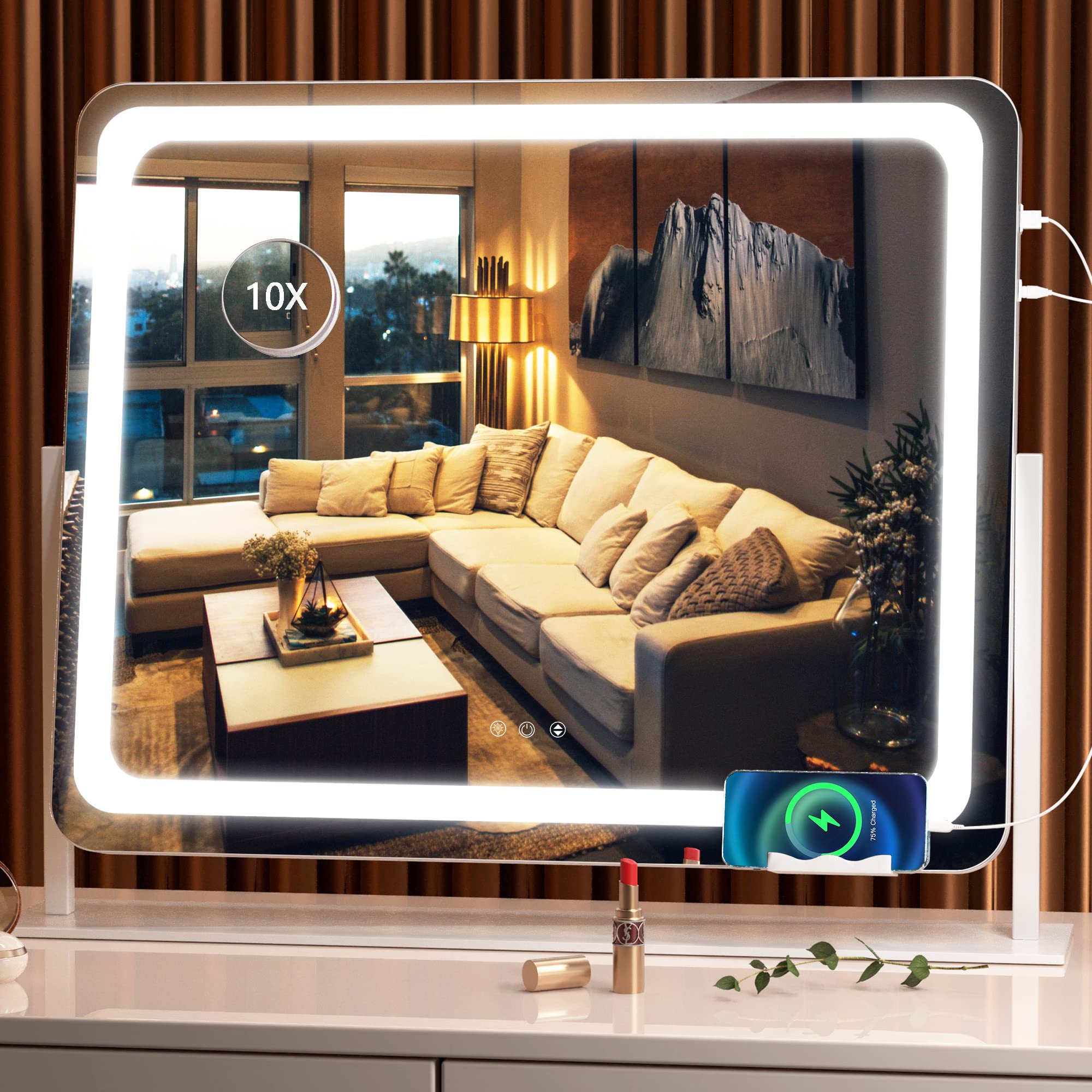 Hasipu Vanity Mirror with Lights, 24.2' x 18.9' LED Make up Mirror, Light up Mirror with 10X Magnification and USB Charging Po