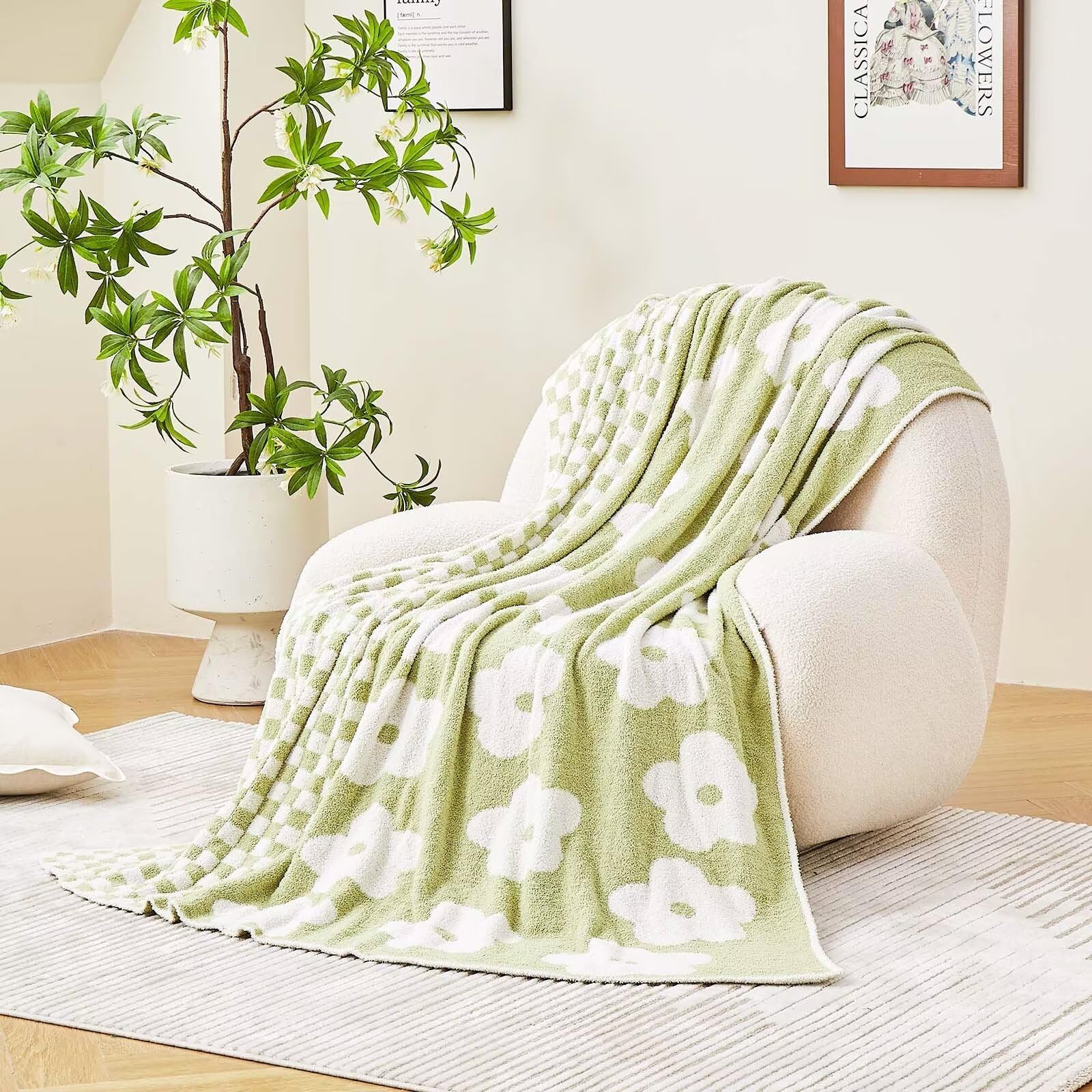 Xiblc Checkered Throw Blanket, Sage Green Super Soft Knit Breathable Throw Blanket, Cozy Fluffy Reversible Checkerboard Flower F
