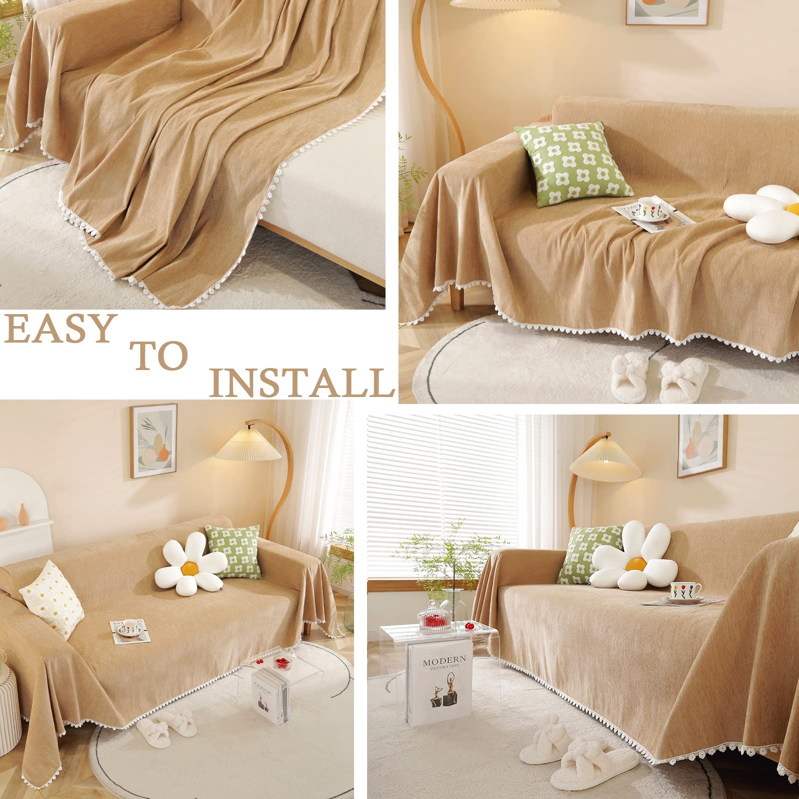 Handontime Khaki Loveseat Covers Couch Cover For Dogs Cats Solid Sofa Covers For 3 Cushion Couch Machine Washable Couch Covers For Sectional Sofa L Shape Chenille Sofa Slipcover Soft, 71' X150'