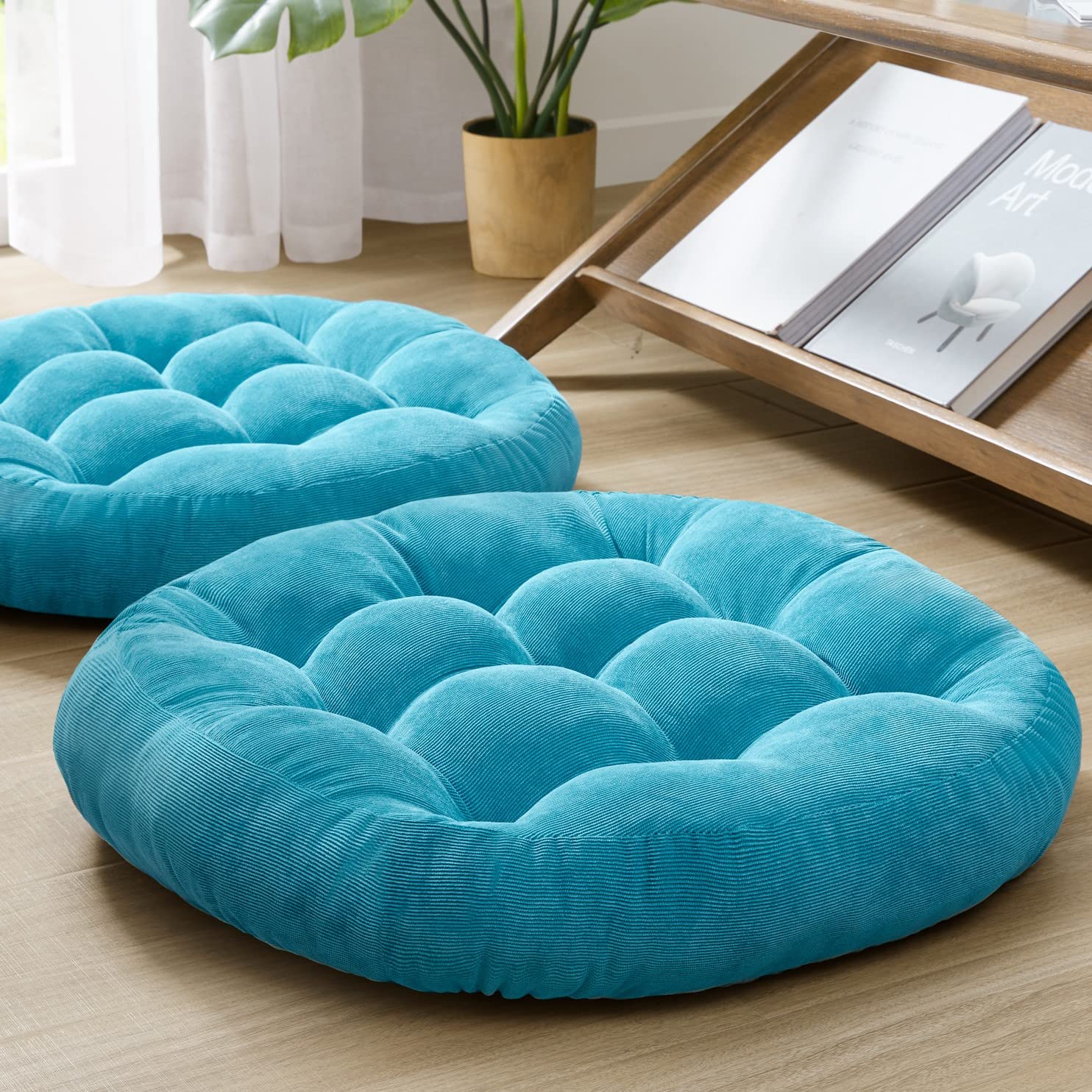 Meditation Floor Pillow Set Of 2, Round Large Pillows Seating For Adults, Tufted Corduroy Thick Cushion For Living Room Tatami, Turquoise, 22 Inch'2 Count (Pack Of 1)