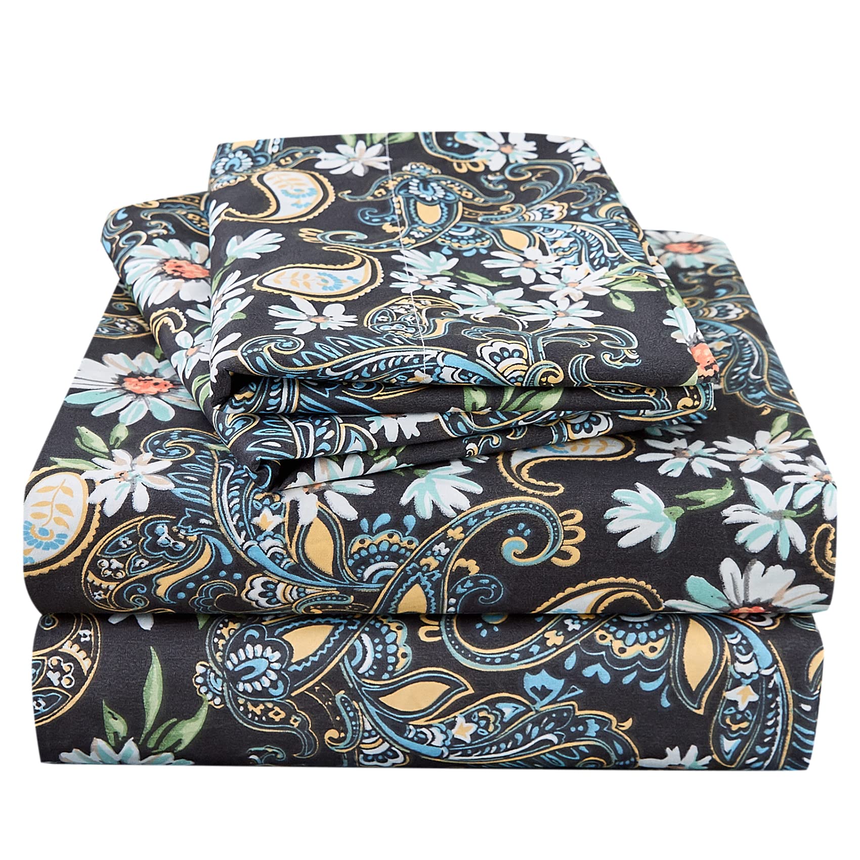 Jsd Queen Paisley Floral Print Sheet Set 4 Piece Black Pattern Soft Microfiber Bedding Sheets 15' Extra Deep Pocket