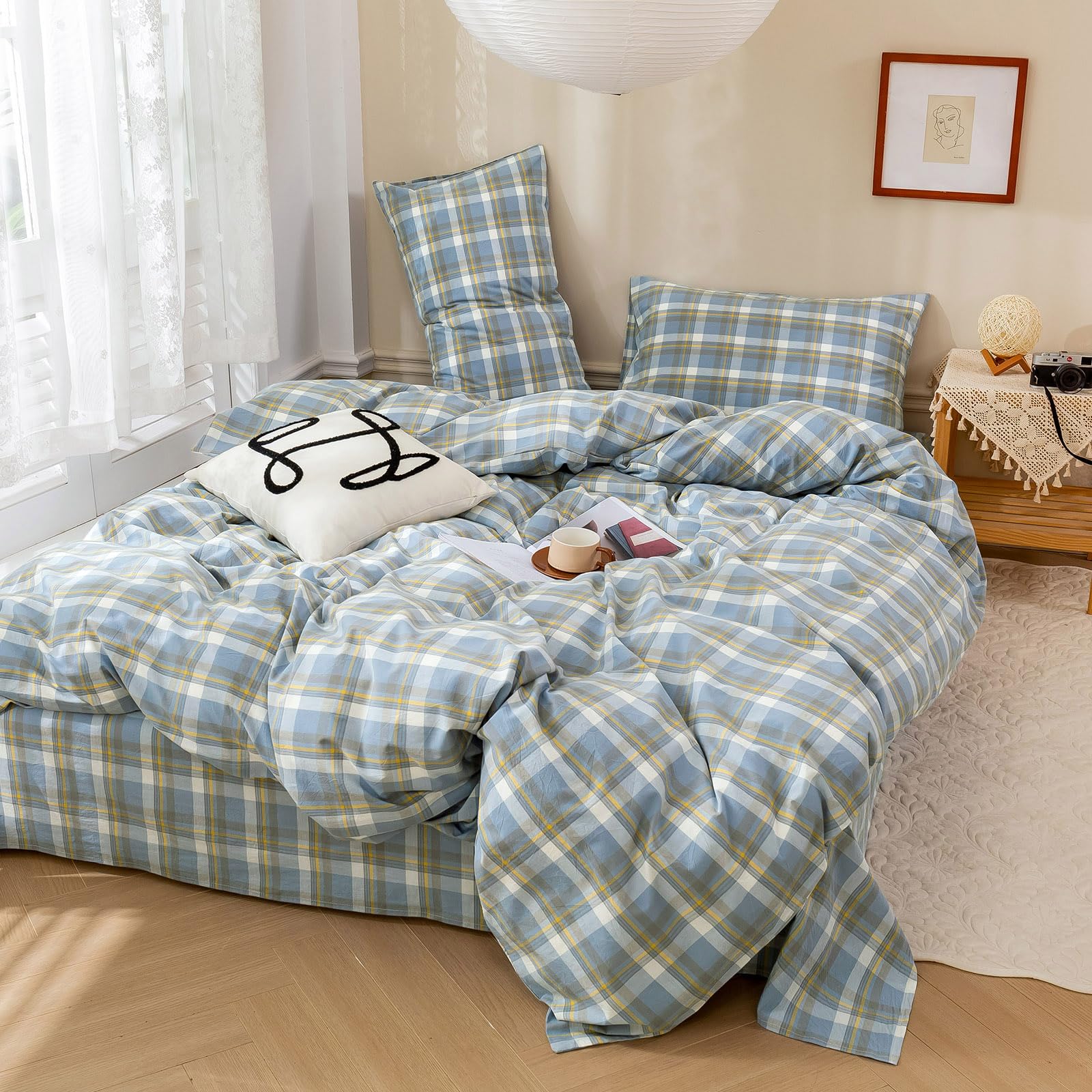 Lifetb Blue Plaid Duvet Cover Queen 100% Washed Cotton Gingham Duvet Cover Cozy Soft Grid Bedding Set Modern Plaid Comforter Cov
